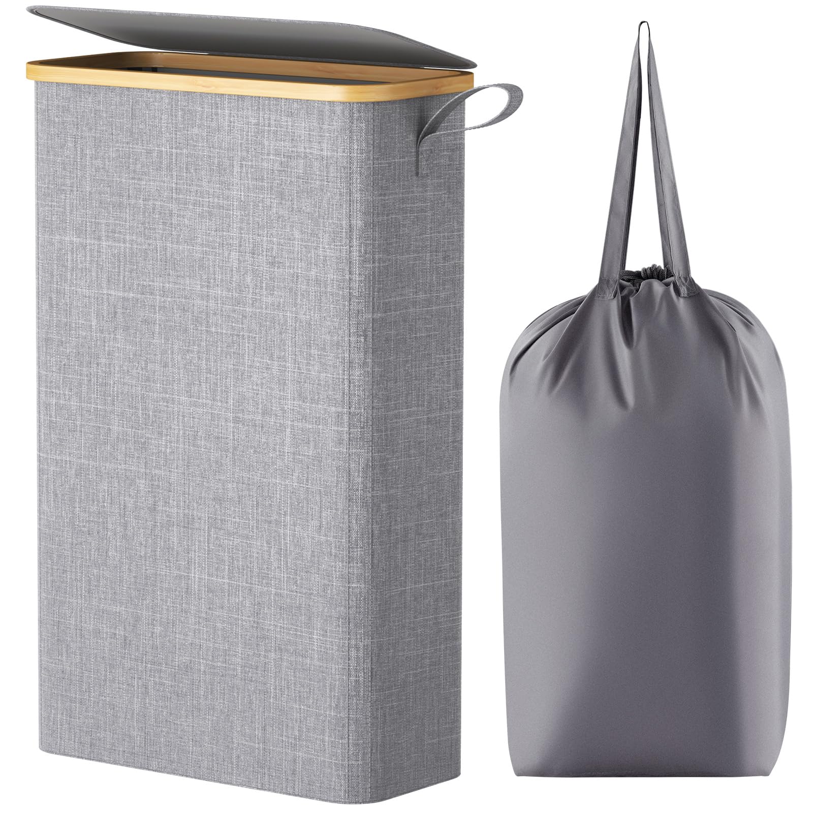 Lifewit (ライフウィット) 65L スリムランドリーバスケット 蓋付き 細いランドリーバスケット 取り外し可能なバッグ&竹製ハンドル付き 薄い 汚れた衣類かご 洗濯用 折りたたみ式容器 浴室 寝室 寮用 グレー, 23177