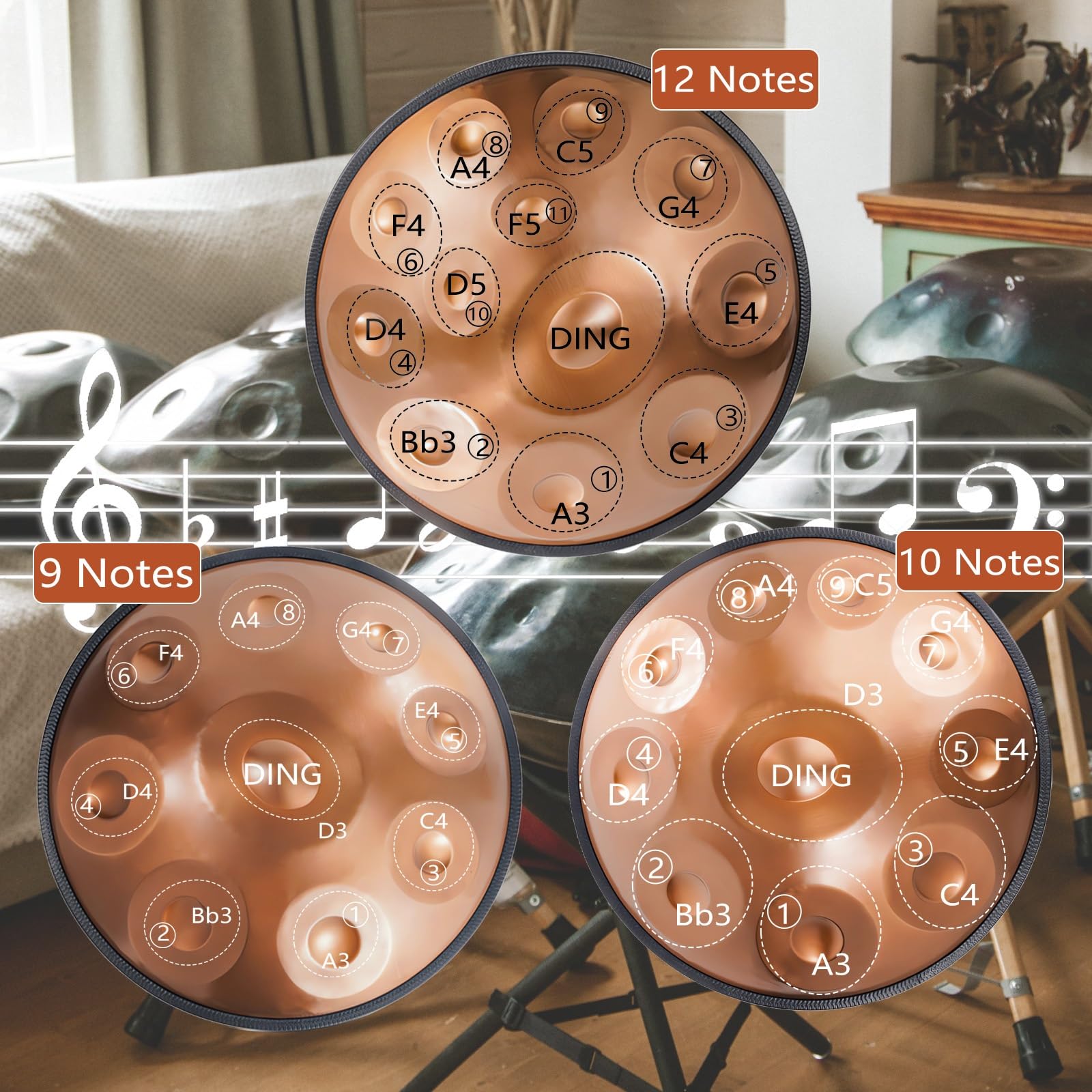 432Hz/440Hz bęben ręczny, 9/10/12 nut stalowy bęben ręczny dla początkujących i profesjonalnych graczy, instrument perkusyjny 56-calowy z miękką torbą, młotkami i statywem bębnowym (kolor: 432Hz,