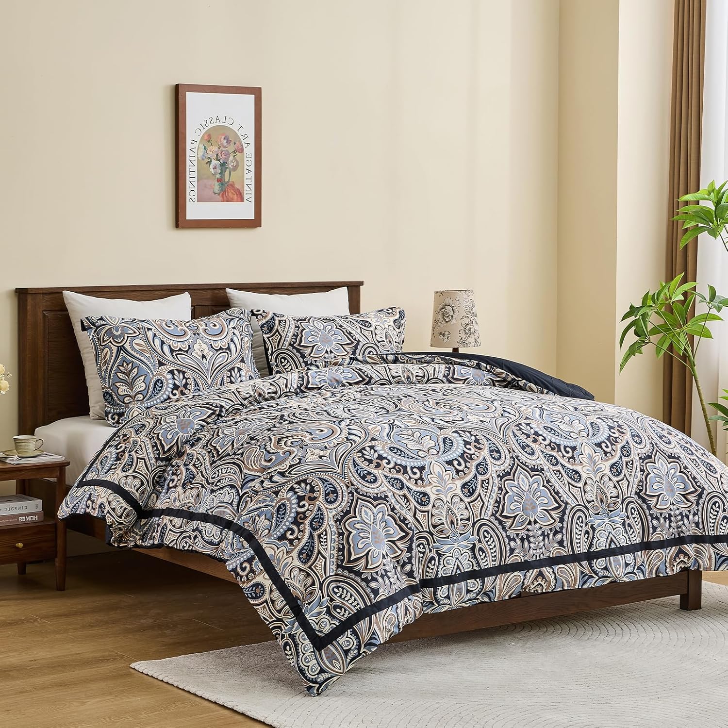 SahSahCasa Cotton Comforter Set Queen Size, Paisley Queen Comforter Bedding Set, Damask Floral Pattern Fluffy Quilted All-Season Luxury Soft Comforter Bed Set, Duvets and Down Alternative, Black - Image 3