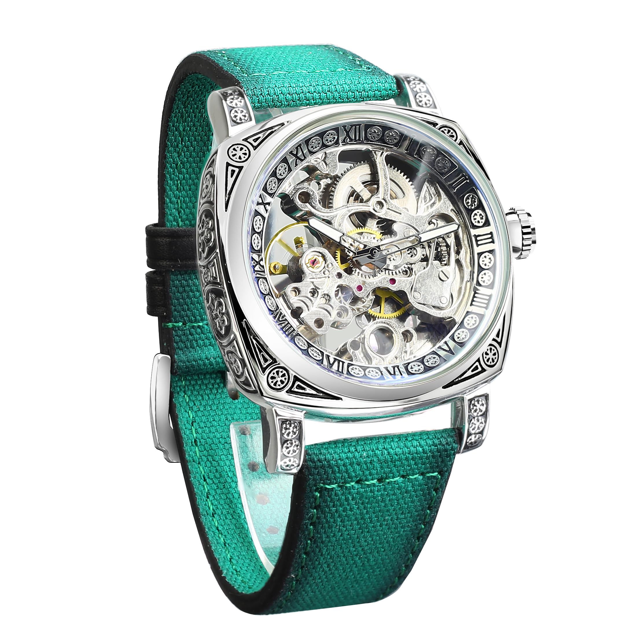 Watches for Man, Square Retro Mechanical Watch Self-Wind Carved, Skeleton Automatic Watches Vintage Leather Strap Wristwatch