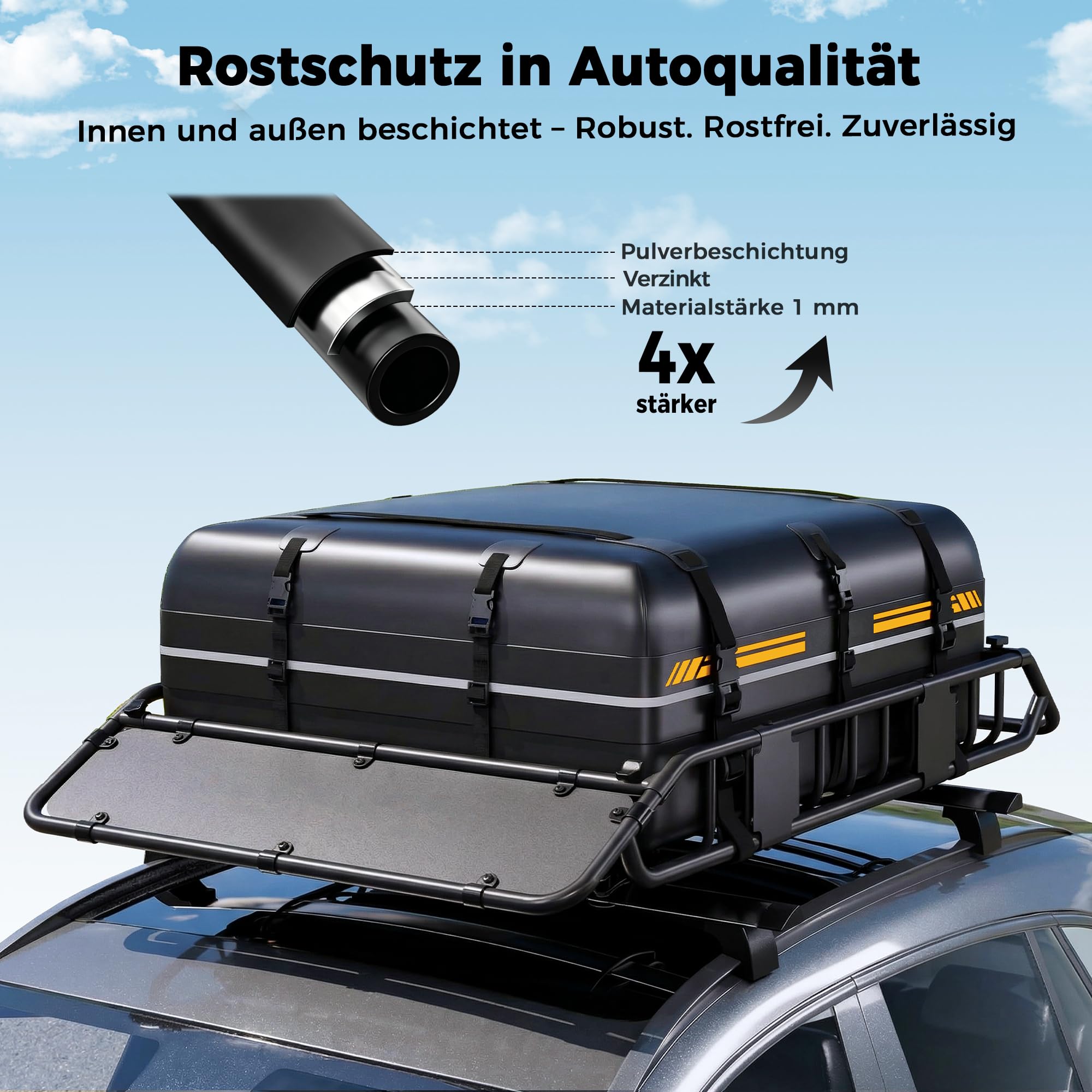 Dachgepäckträger 137 x 86 x 15 cm mit wasserdichter Dachtasche 425L | 90kg Tragfähigkeit, Verstellbare Trennstange, Gepäcknetz, Spanngurte & Schlösser, Universal für SUV Pickup Camping