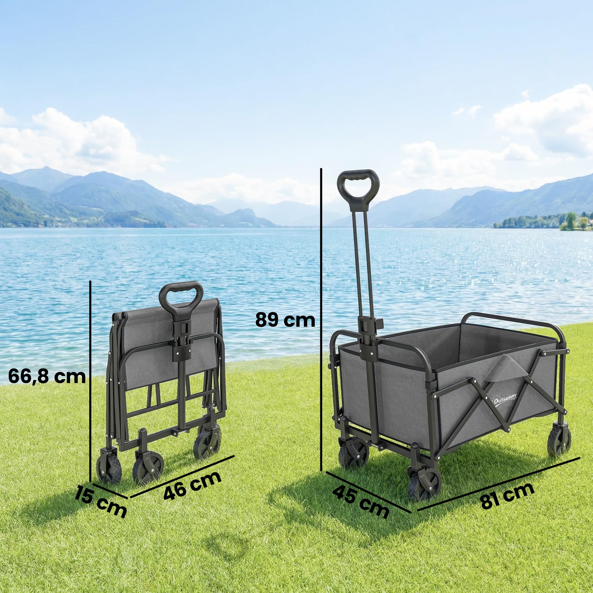 Outsunny Chariot de Jardin Pliable Tout-Terrain - Charrette de Transport Camping 66L Charge 68kg avec Poignée Réglable - Remorque à Main Compacte pour Plage Festival, Gris