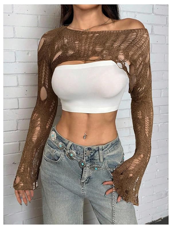 WDIRARA Women's Off Shoulder Crochet Bolero Shrug Distressed Crop Top Brown by WDIRARA - Used condition - Image 4