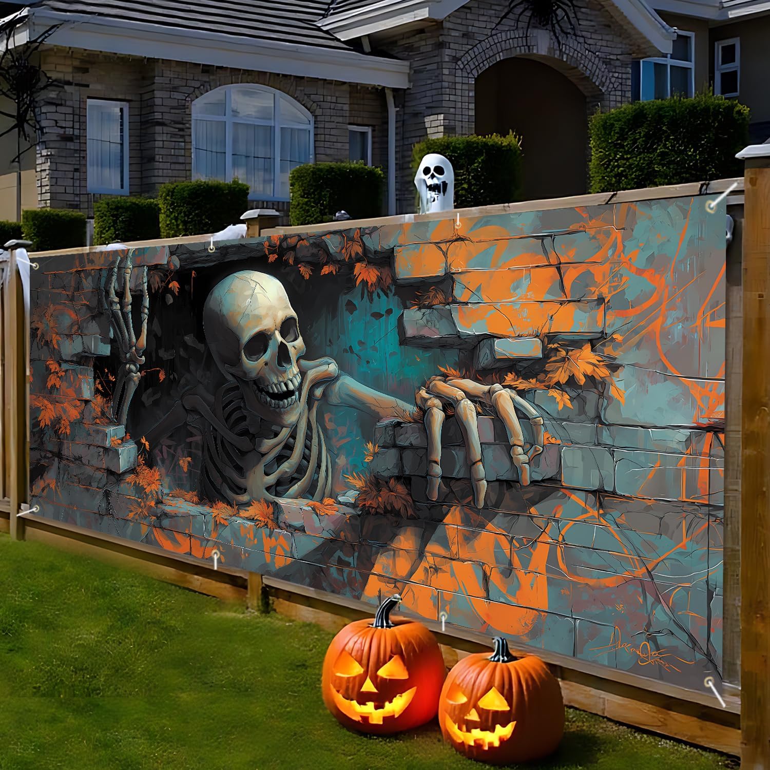 ANNA QUEEN Halloween Decorations Skull Wall Halloween Garage Door Banner 6 x 13FT,Pumpkin Skull Ghost Backdrop 71"x157" Horror Garage Door Cover Decoration
