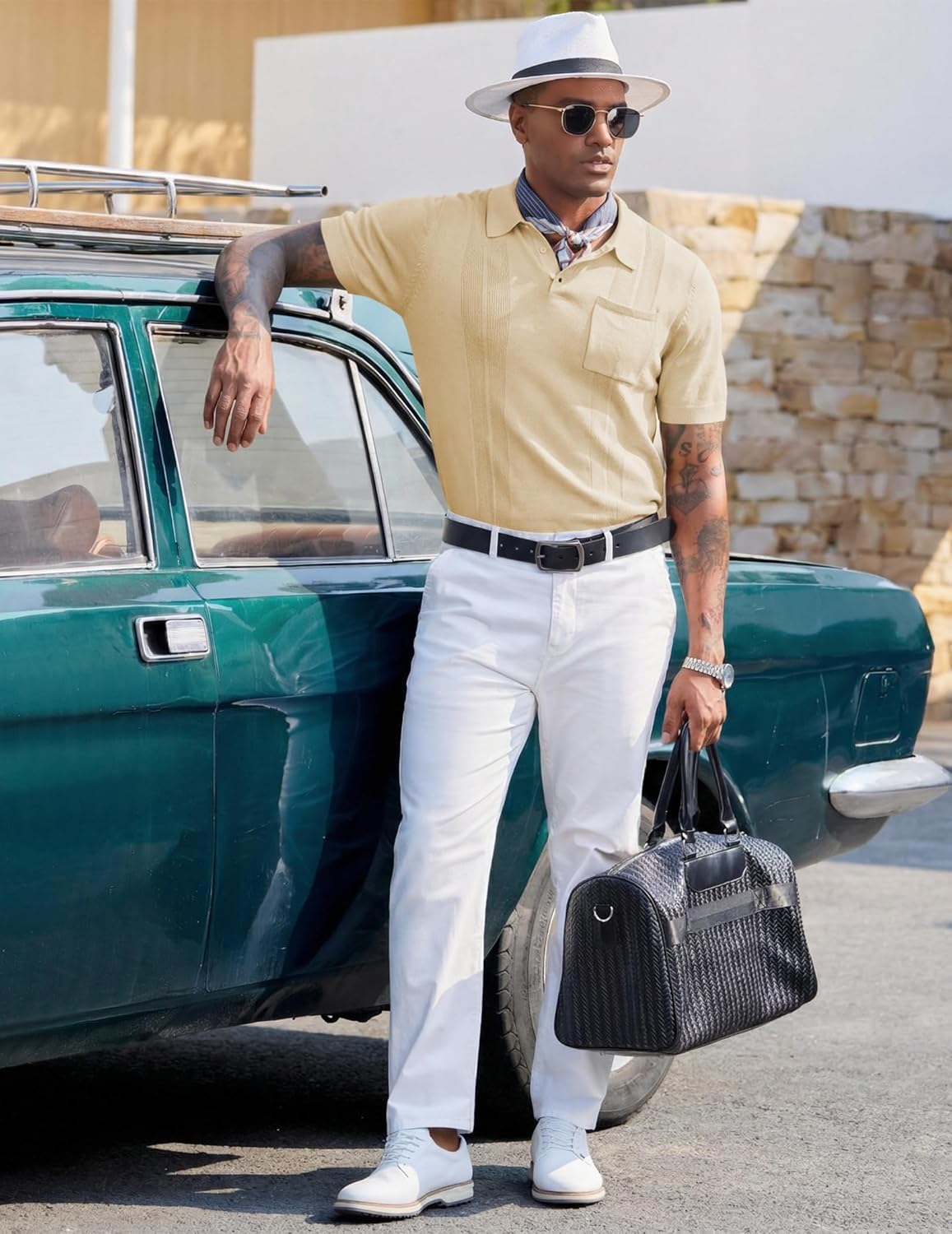 JMIERR Mens Polo Shirts Textured Knit Short Sleeve Golf Polos V-Neck Stretch Polo Casual Button Collared T Shirt Summer Tops - Image 9