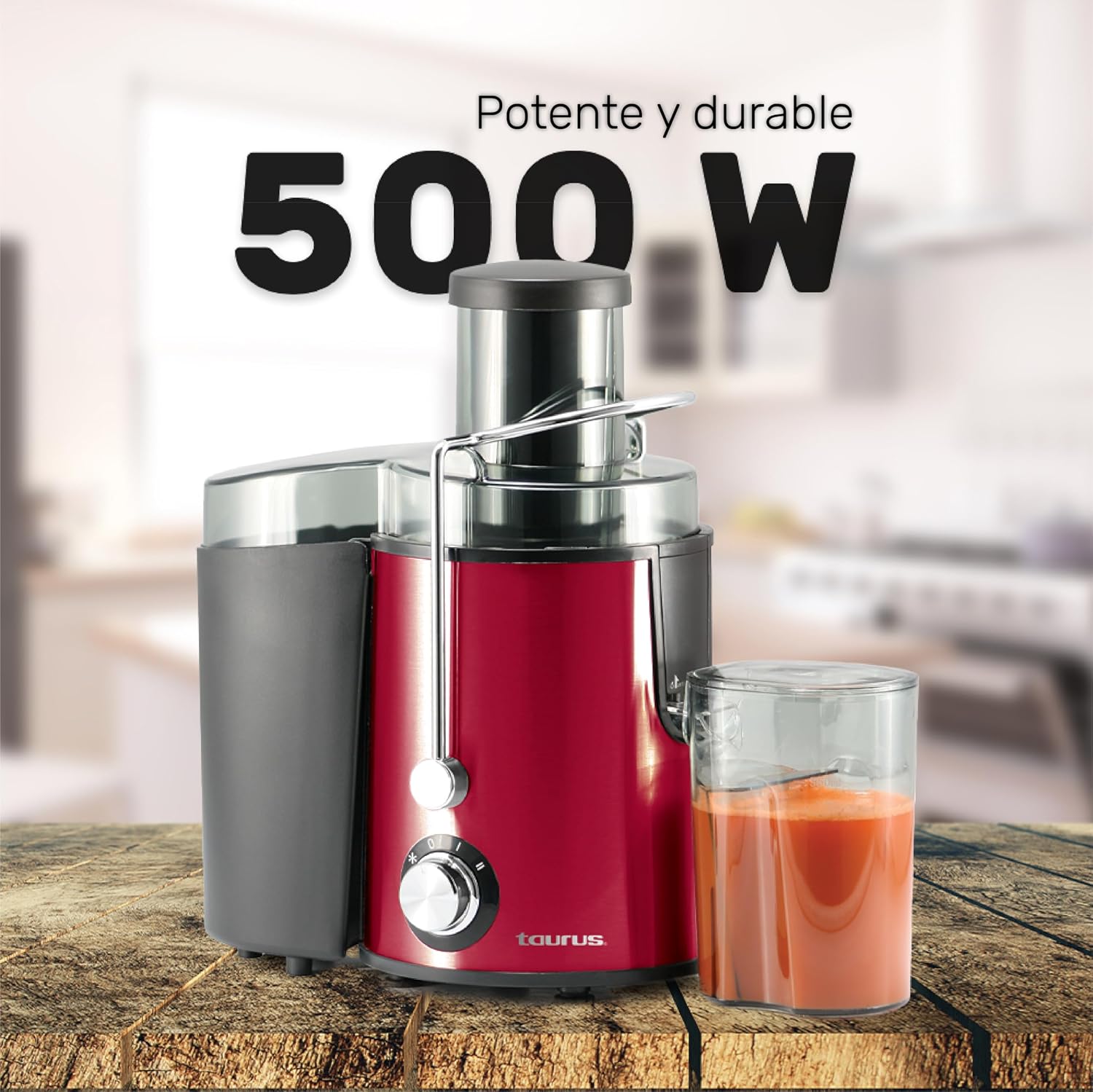 Taurus Centurion Juicer on a wooden surface, highlighting its 500W power.