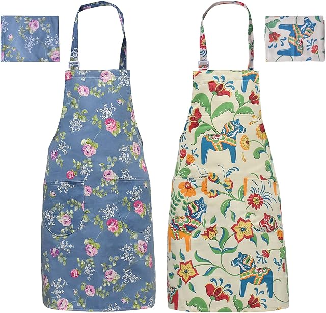 suchkawe 2 Pack Floral Aprons for Women with Pockets, Cotton Linen Chefs Bib Aprons with Flower Pattern, Adjustable Apron for Cooking Baking Painting, Used in Home Kitchen Restaurant Garden