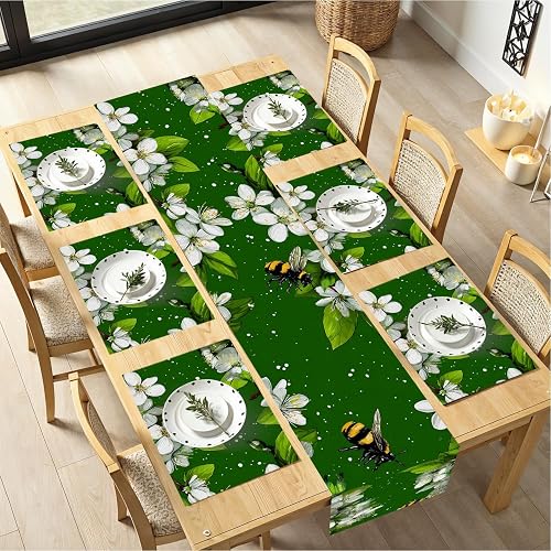 Spring Table Runner and Placemats Set of 6, Green Blossom & Bee Design, 1 Table 