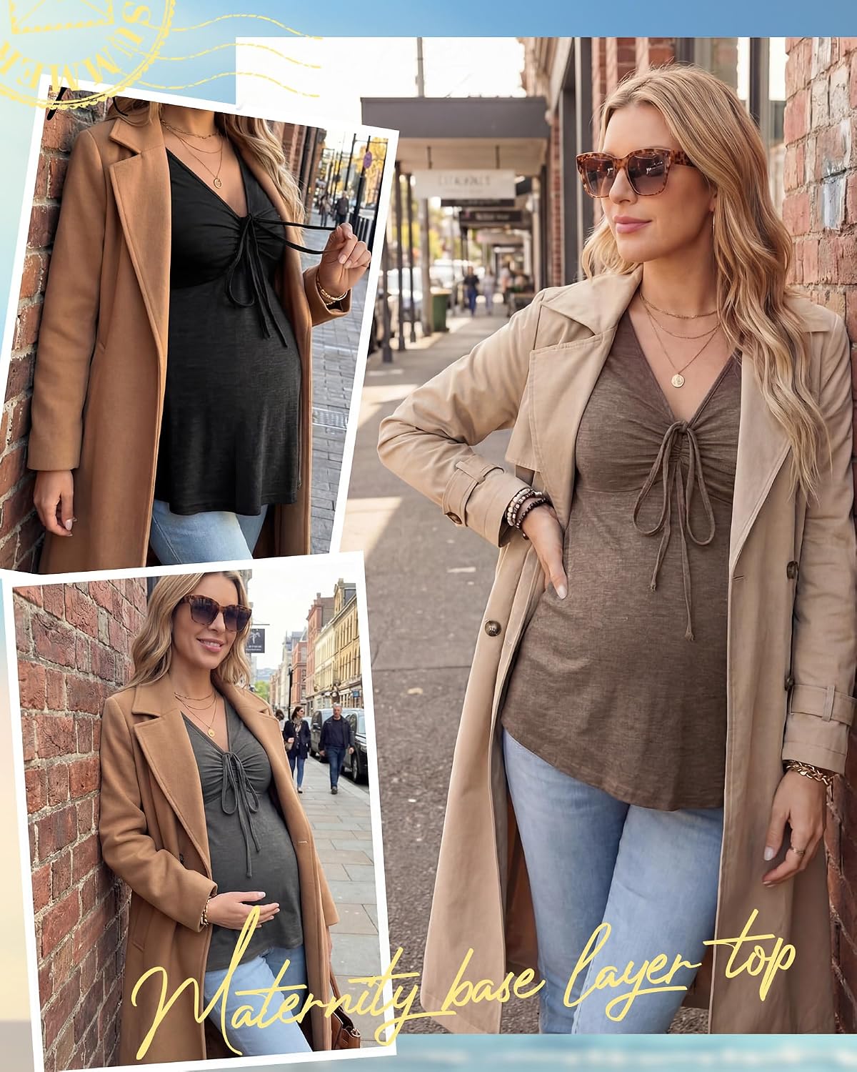 Cutecrop 3 Pack Women Maternity Shirts Short Sleeve V Neck Ruffle Pregnancy Tops Casual Drawstring Babydoll Tie Front Tunic