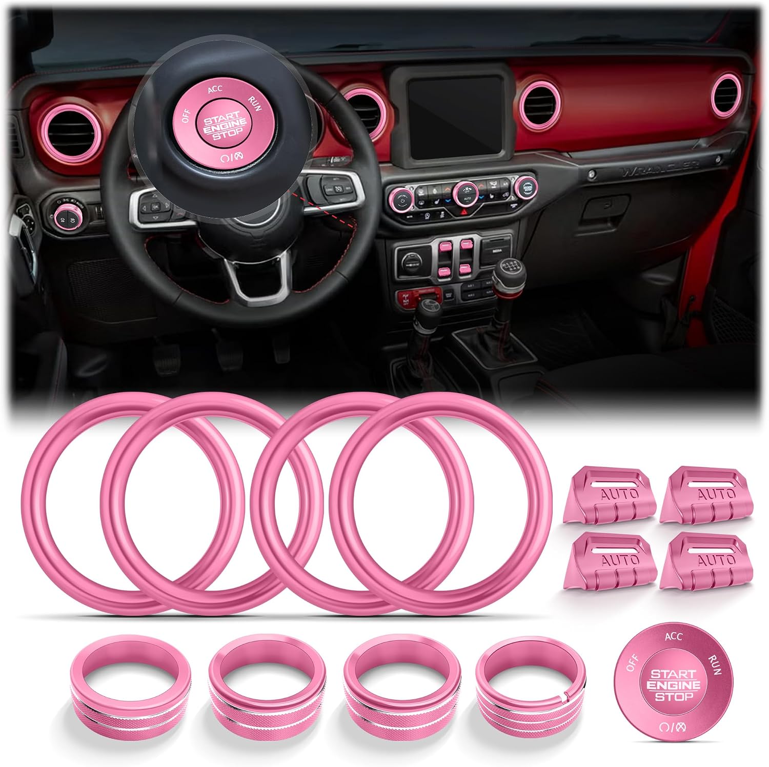 for 2024-2026 Jeep Wrangler JL JLU & 2024-2026 Gladiator JT Accessories, 12PCS Aluminum Knob & Button Cover Set for Power Window Switch, Push Start, AC, Volume, Headlight & Air Vent, Green