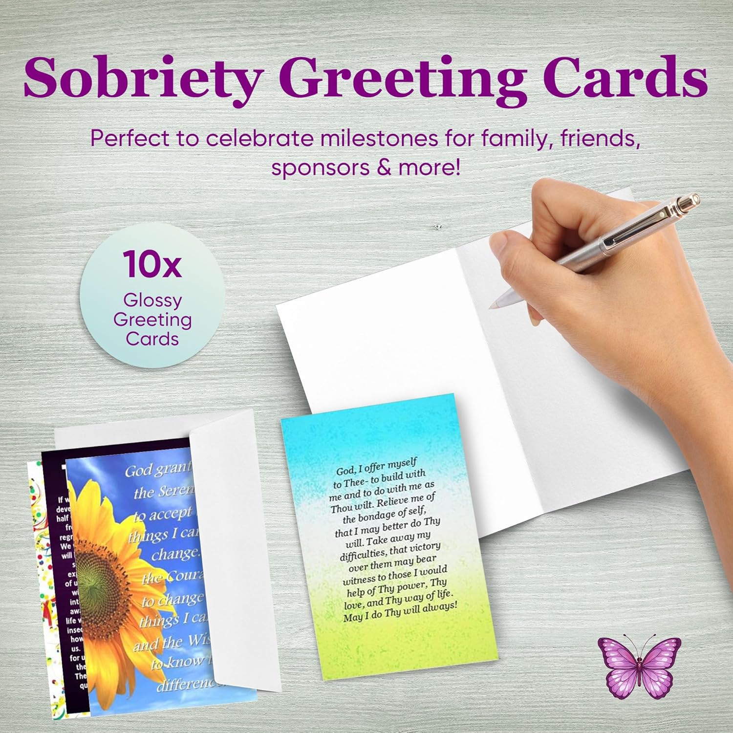 15-Pack Sobriety Greeting Cards 5x7: Addiction Recovery Gift Set for Soberversary & Milestones - 12-Step AA Prayers (Serenity Prayer, The Promises, H.A.L.T.) - Sobriety Anniversary Cards for Sponsors & Friends. Blank Inside for your personalization