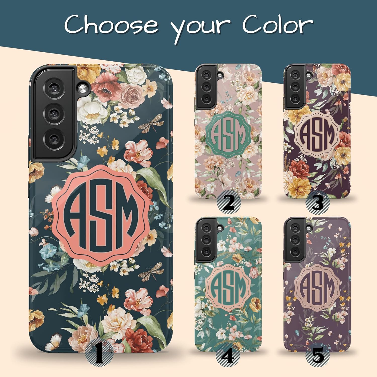 Custom Initials Monogram Botanical Floral Flowers Personalized Name Case, Compatible with Samsung Galaxy S26 Ultra, S25 Plus, S24, S23, S22, S21, S20