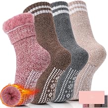HUGSWEET Thermal Slipper Socks Non Slip Women Soft Hospital Socks 4 Pairs | Fluffy Warm Cozy Winter Plush Grip Socks Heated Socks for Home Sleeping Perfect Gifts for Birthday Anniversary Christmas
