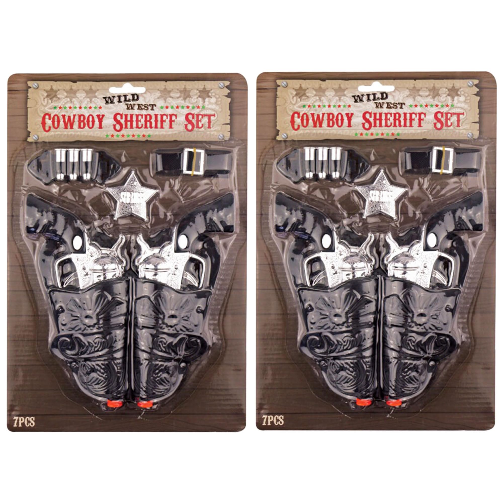 Lizzy 2 Pack Adult Cowboy Sheriff Costume Accessory Set – 7 Piece Wild West Fancy Dress Kit with 2 Silver Toy Pistols, Holsters, Sheriff Badge, Belt & Bullets for Western, Halloween & Themed Parties