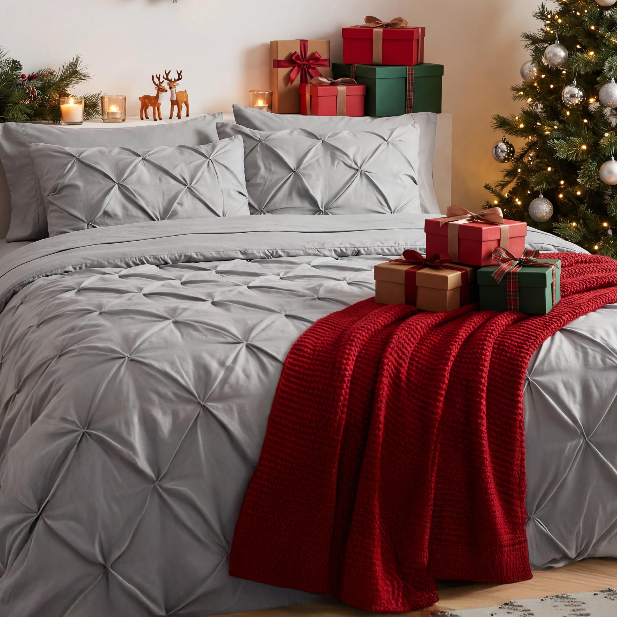 Bedsure King Size Comforter Set - Bedding Set King 7 Pieces, Pintuck Bed in a Bag Grey Bed Set with Comforter, Sheets, Pillowcases & Shams