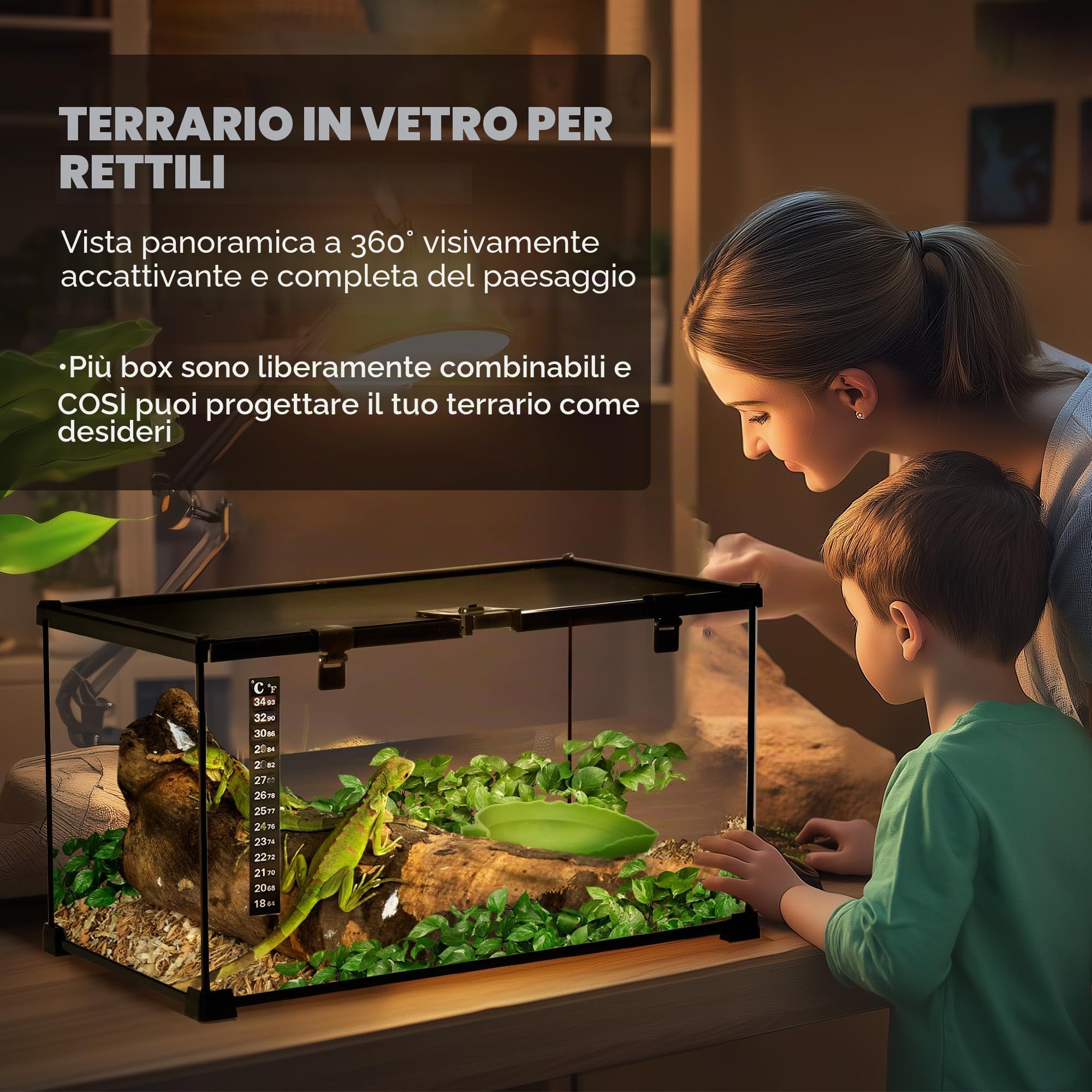 PawHut Terrario per Rettili e Anfibi in Vetro - Scatola di Alimentazione e Allevamento con Termometro - Metallo Nero, 50 x 30 x 25 cm