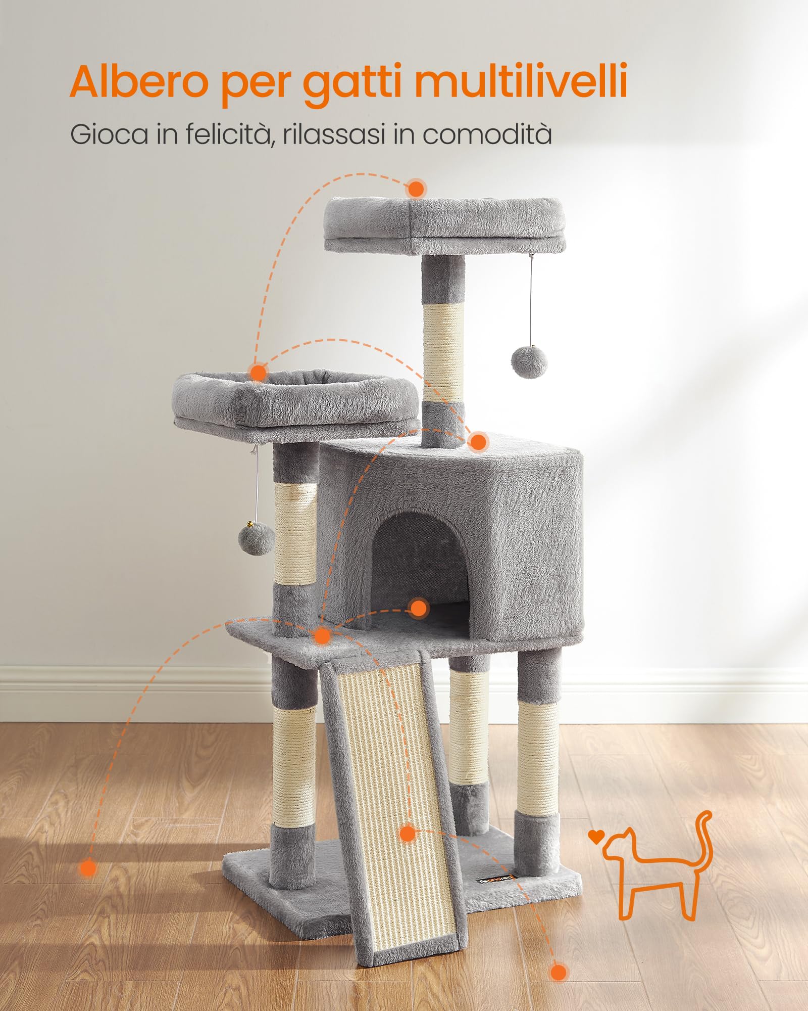 Feandrea Albero per Gatti, Casetta da 115cm, Tiragraffi, Grigio Chiaro PCT141W01V1