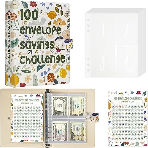 Hiwhy Carpeta de desafío de ahorro de 100 sobres, carpeta de presupuesto de cuero para planificar y ahorrar $5050, planificador de ahorro diario,