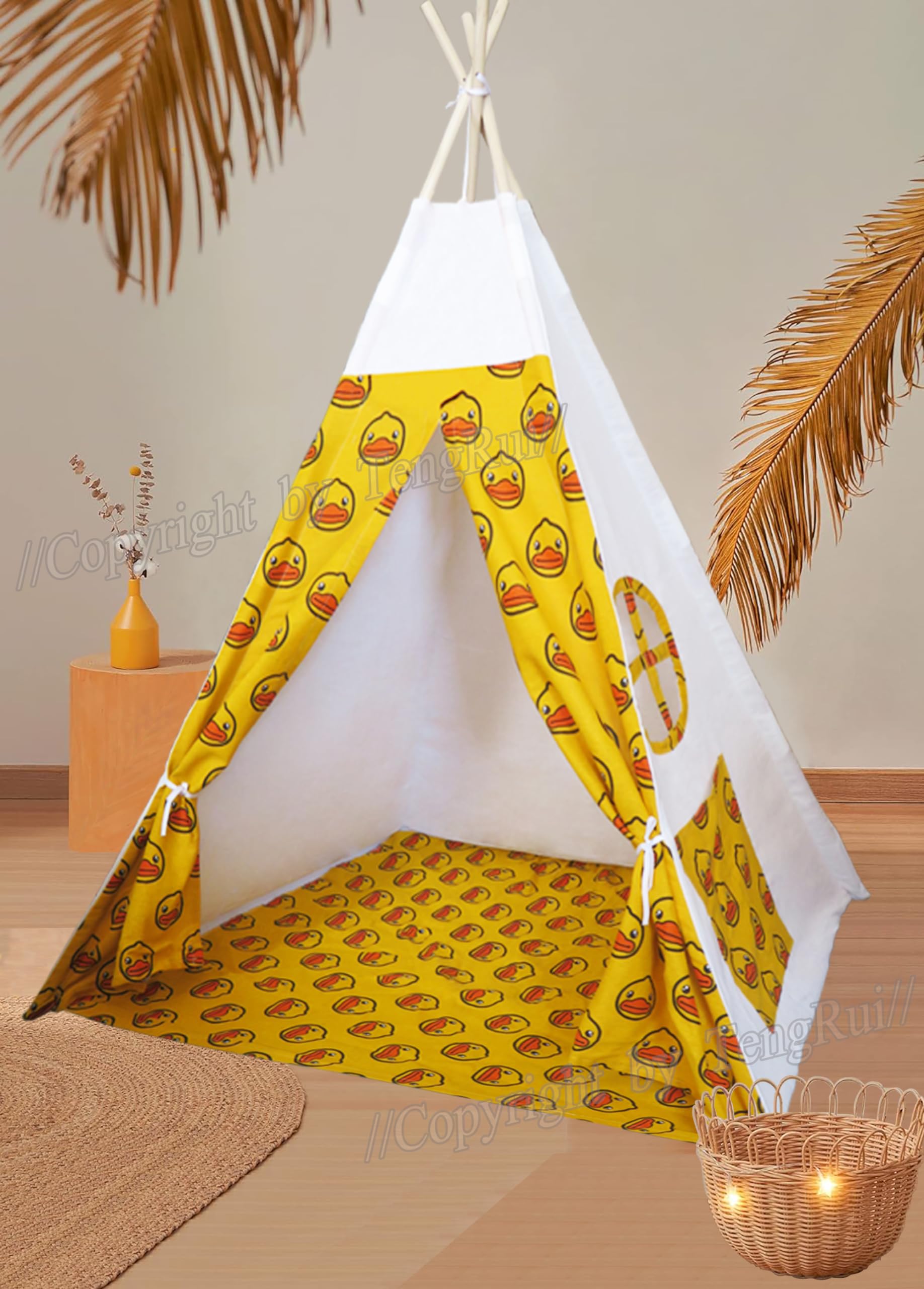 Teepee Tent with Mat for Kids Indoor Outdoor Game, Outer Pocket, Collapsible Kids Play House Tent Tipi Tents Canvas Playhouse for Girls & Boys (Yellow Duck Teepee with Floor Base)