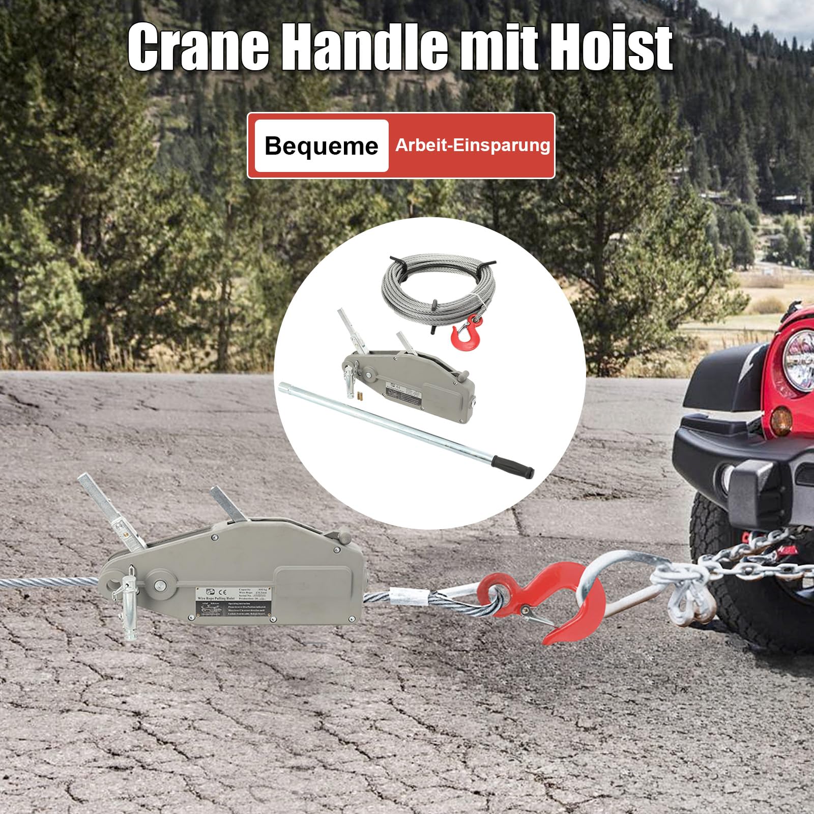 Seilzug 800KG Seilwinde mit 20 m Drahtseil, Handseilwinde mit Ø 8.3 mm Stahl-Seil, Greifzug Handseilzug Forstseilwinde mit Abscherstift & Lasthaken für verschiedene Anwendungen, von der Fahrzeugbergun