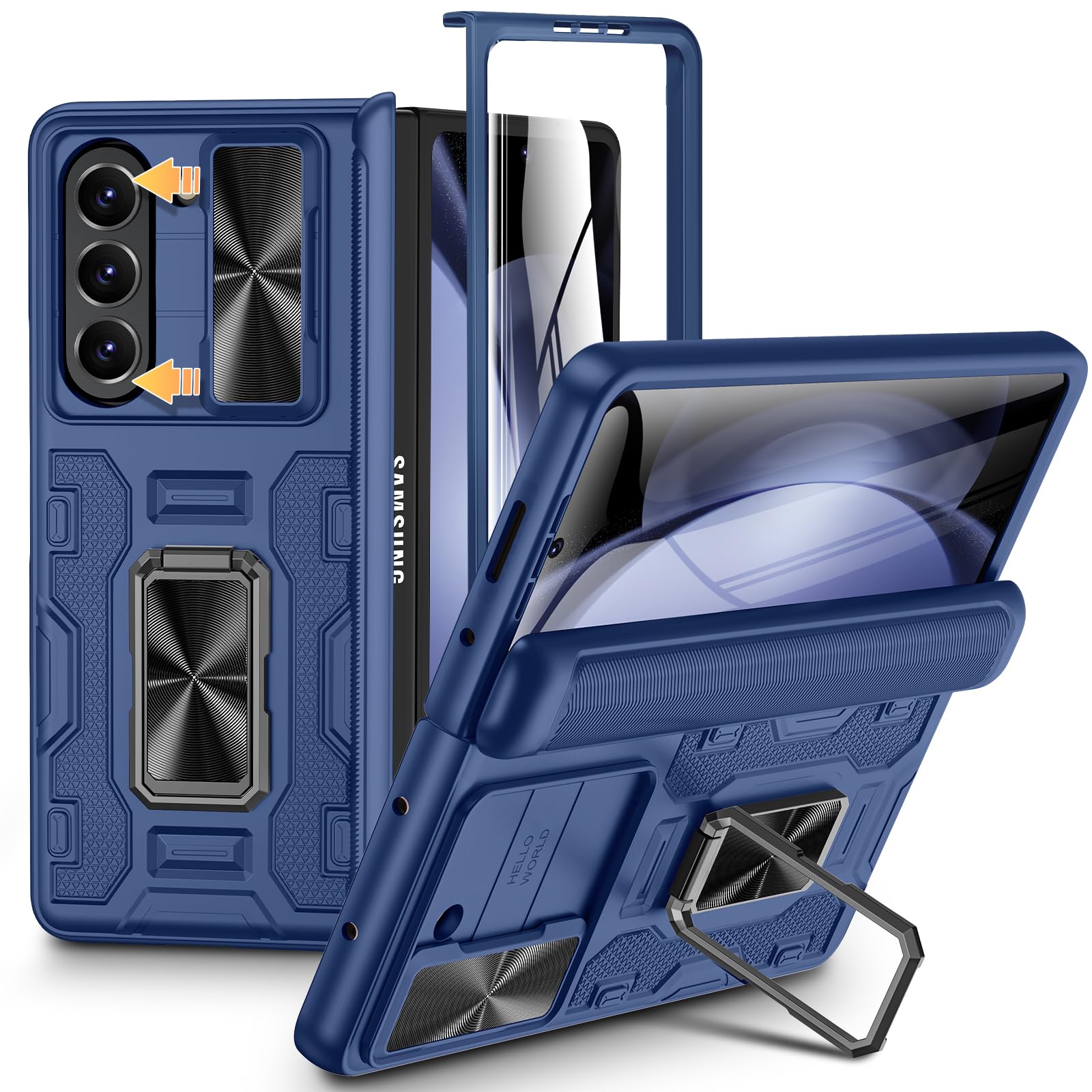 VEGO for Samsung Fold 5 Case with Hinge Protection & Slide Camera Cover, Built-in 360° Magnetic Ring Stand, Screen Protector, Shockproof Protective