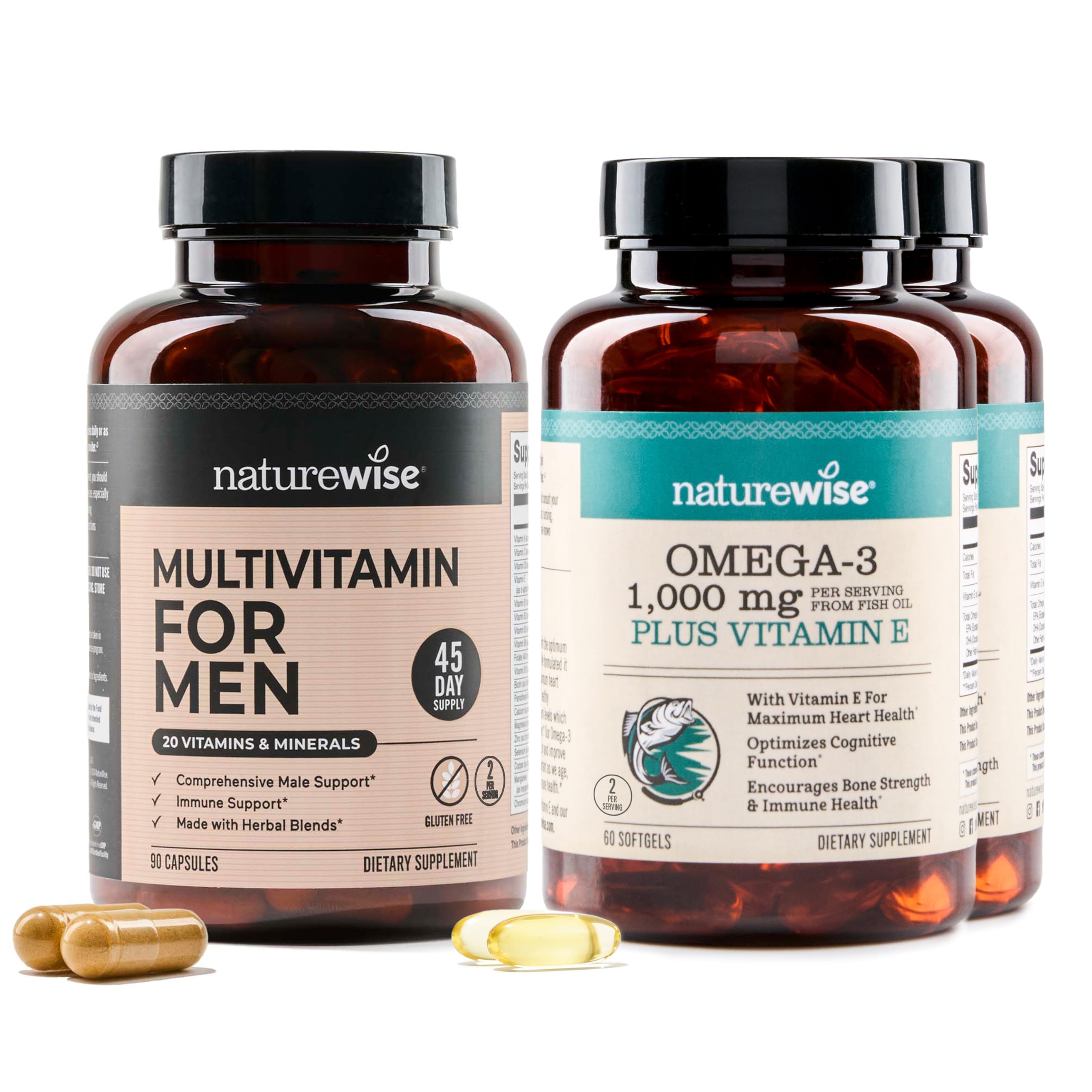 NatureWise [1] Multivitamin for Men - Non-GMO - 90 Capsules[45-Day Supply] + (Pack of 2) Omega 3 Fish Oil 1000mg + Vitamin E - Wild-Caught - 60 Softgels[30-Day