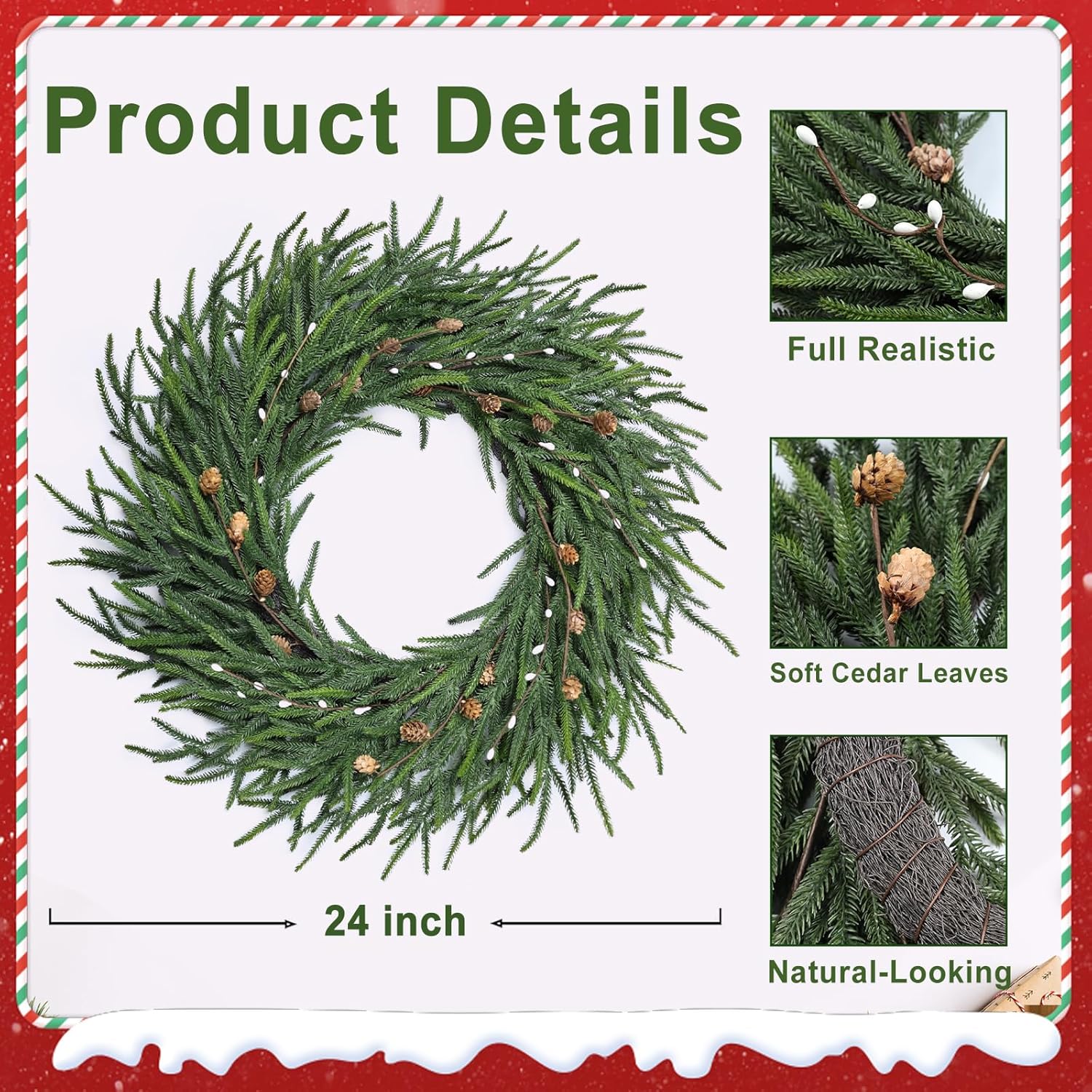 26 Inch Christmas Wreaths for Front Door Christmas Cypress Wreath,Real Touch Pine Wreath with White Berries Artificial Green with Pine Cones for Wall Window Porch - Image 6