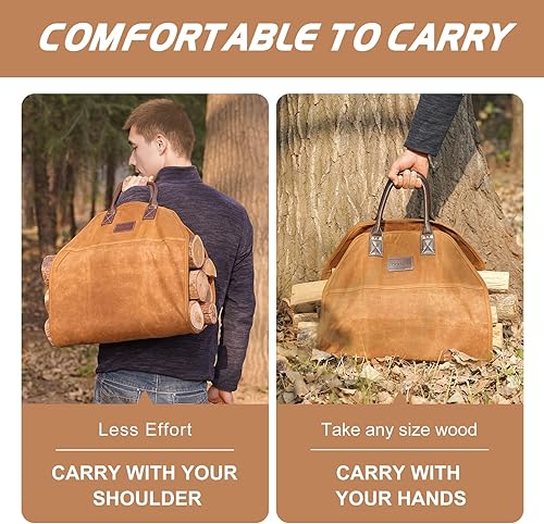 Miniatura 7 de Rejilla para chimenea de 24 pulgadas, resistente con retenedor de brasa, accesorios de chimenea, lona encerada con asas de cuero, portador de madera