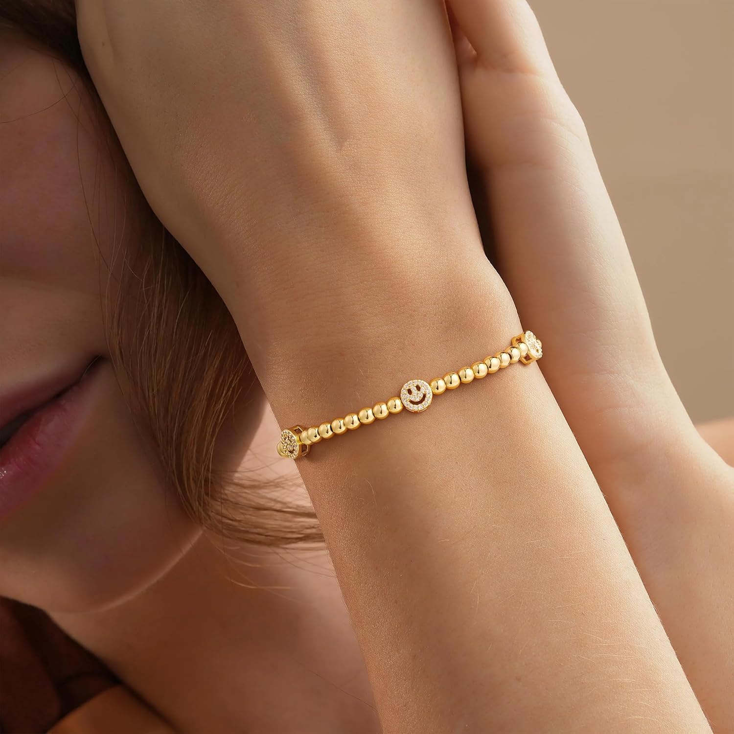 M MOOHAM Gold Beaded Bracelets for Women, 14K Gold-Plated Dainty Cross Puffy Heart Round Cubic Zirconia Stretch Bead Ball Bracelet for Women Trendy Women's Jewelry Gifts - Image 2