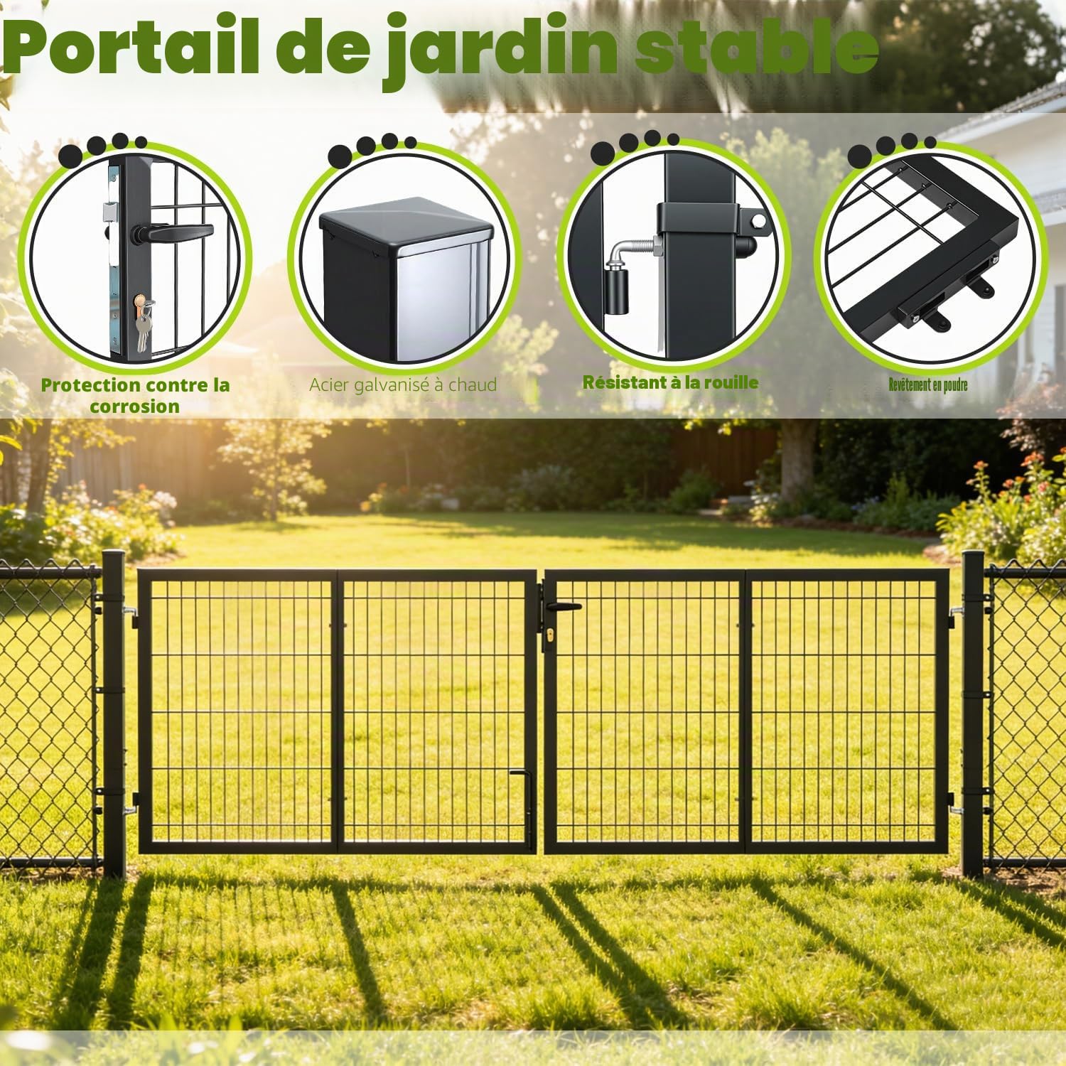 Portail de jardin en métal, double battant, 300 x 100 cm, tube carré, pour jardin avant/terrasse, pour panneaux à double fil (anthracite)