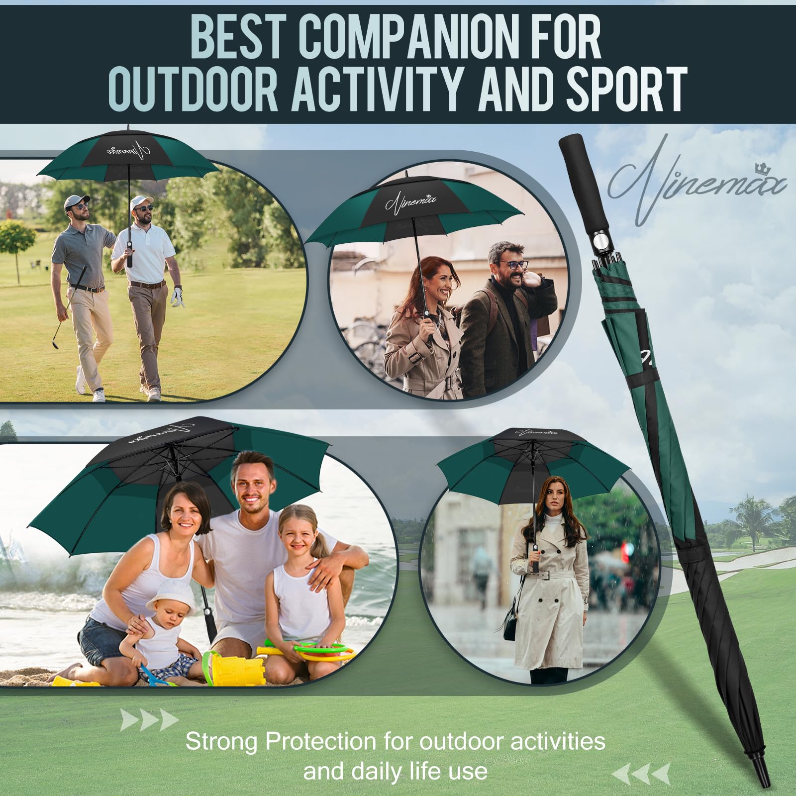 NINEMAX Wiatroodporny Parasol Golfowy 68 inch,Parasol Golfowy Długi Wiatroszczelny,Wodoszczelny,Podwójny Baldachim dla Mężczyzn i Kobiet(Czarny i Ciemnozielony)