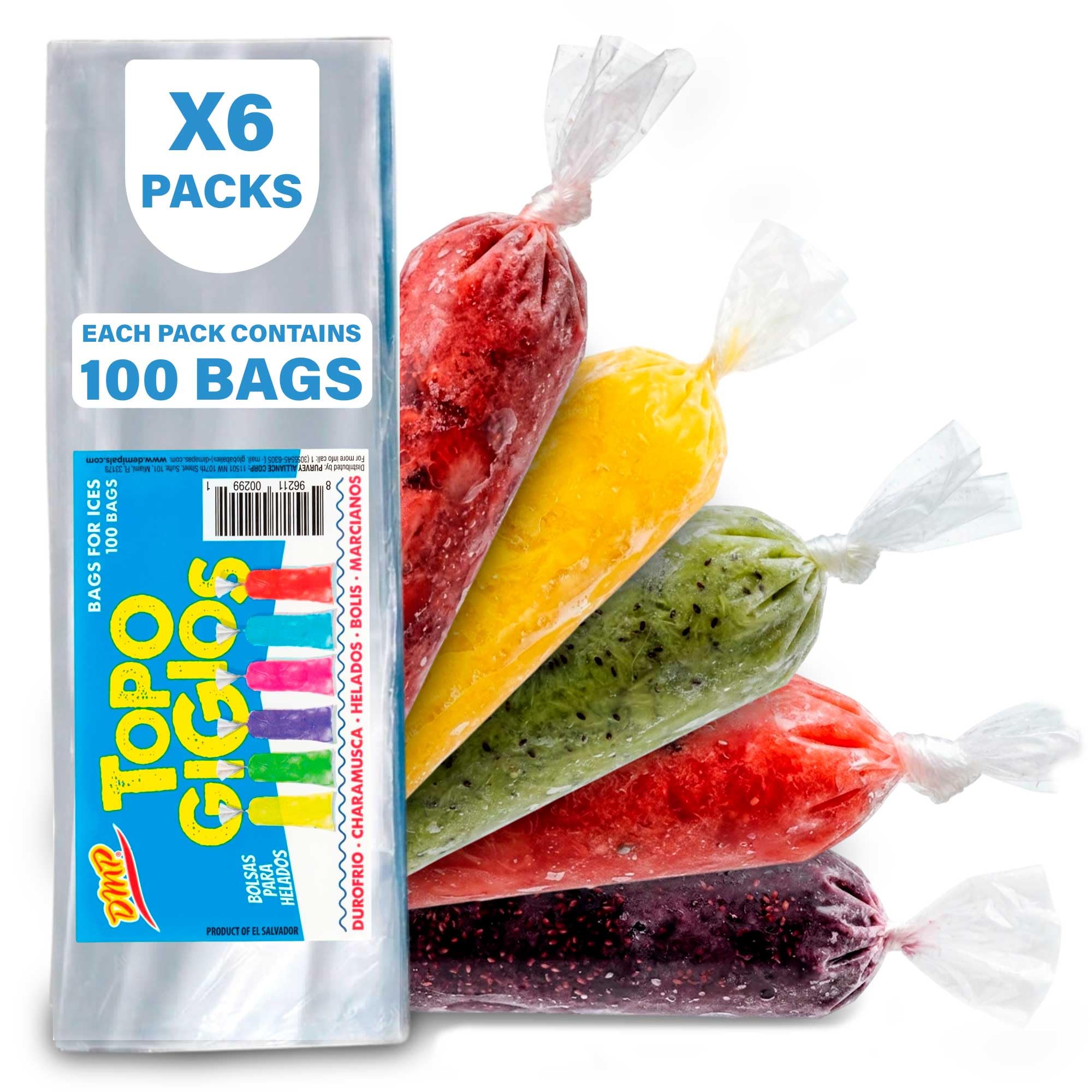De Mi Pais Topogigios Ice Cream Bags – Perfect for Bolis, Popsicles, and Ice Storage, Durable Small Plastic Pouches for Homemade Treats, 100-Count, 6-Pack