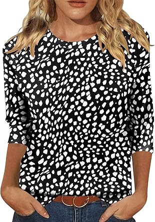 KISSMODA Tunic Tops for Women Loose Fit Dressy Round Neck Pleated 3/4 Length Sleeve Spring Tops
