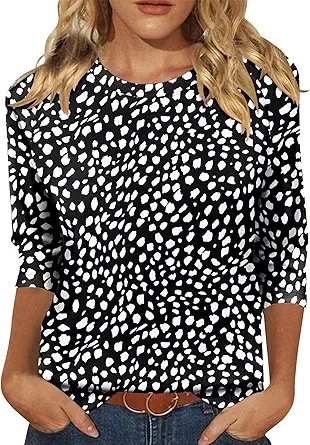 KISSMODA Tunic Tops for Women Loose Fit Dressy Round Neck Pleated 3/4 Length Sleeve Spring Tops