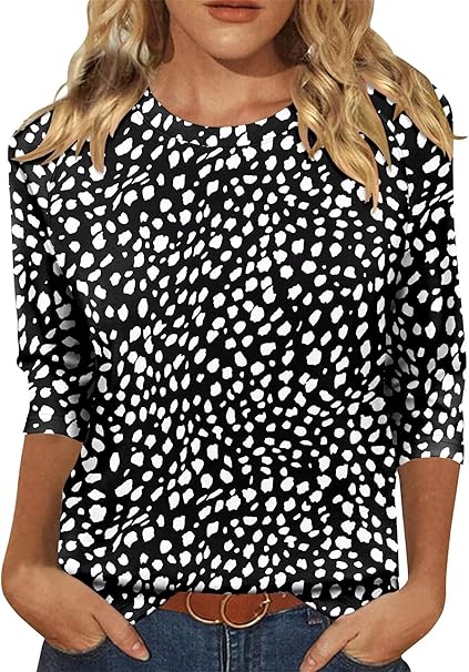 KISSMODA Tunic Tops for Women Loose Fit Dressy Round Neck Pleated 3/4 Length Sleeve Spring Tops