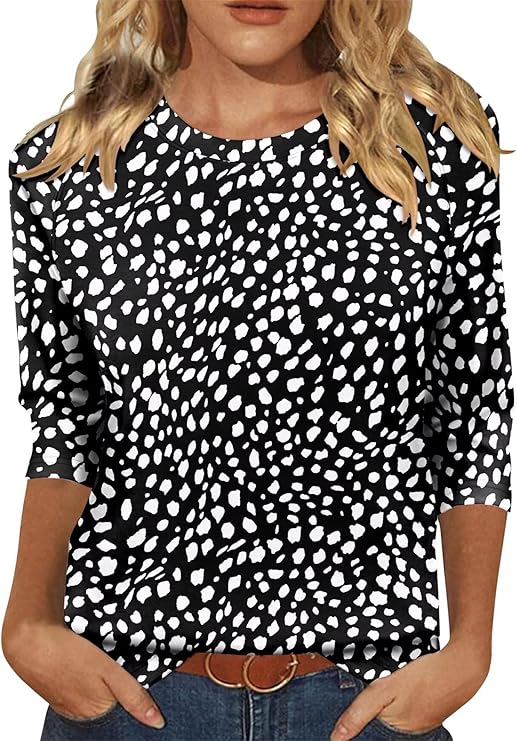KISSMODA Tunic Tops for Women Loose Fit Dressy Round Neck Pleated 3/4 Length Sleeve Spring Tops