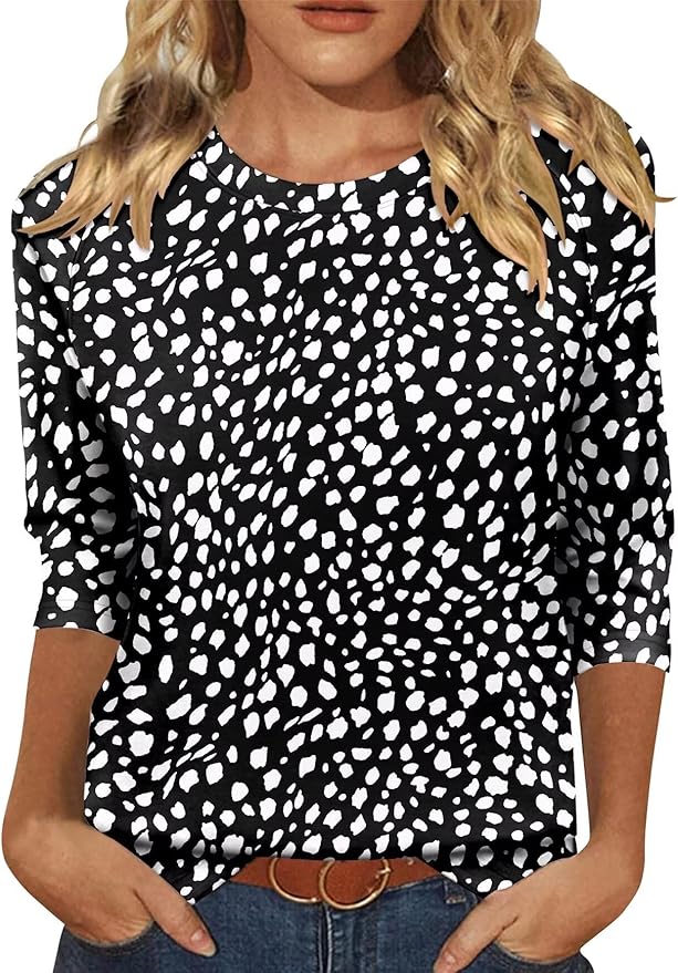 KISSMODA Tunic Tops for Women Loose Fit Dressy Round Neck Pleated 3/4 Length Sleeve Spring Tops