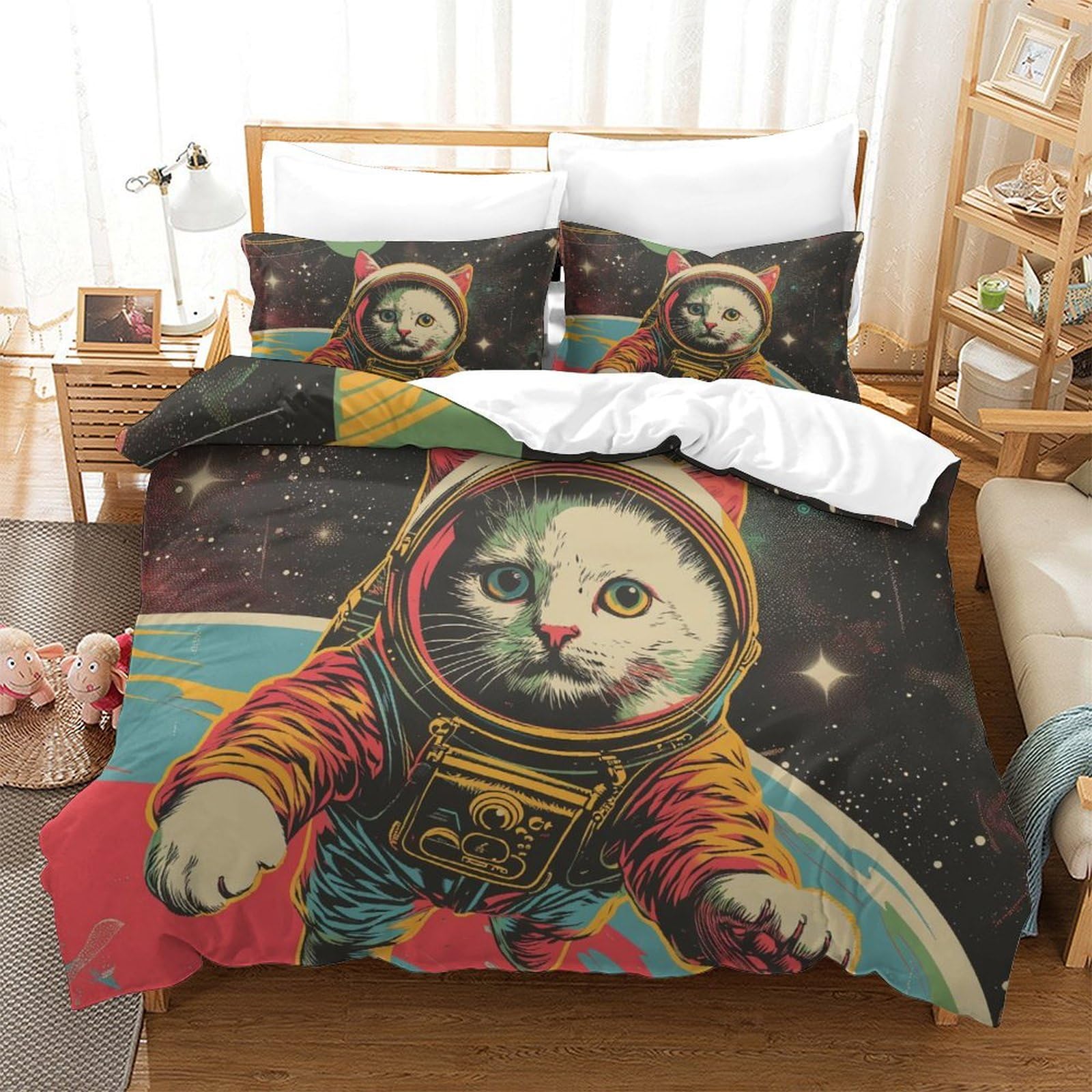Housse de couette chat 3D 260x220cm en microfibre avec taies d'oreiller