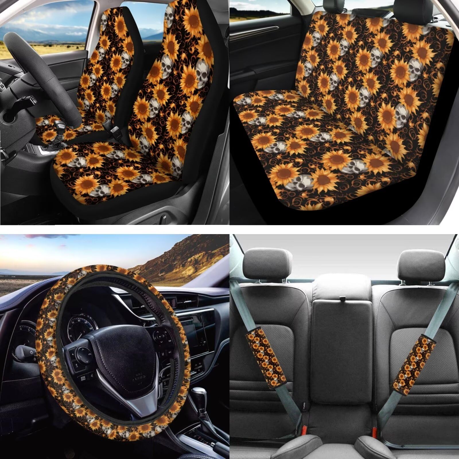 Set di 16 coprisedili anteriori e posteriori per auto, per donne e uomini, con stampa di girasole e teschio con coprivolante, braccioli coordinati, copertura per cintura di sicurezza,