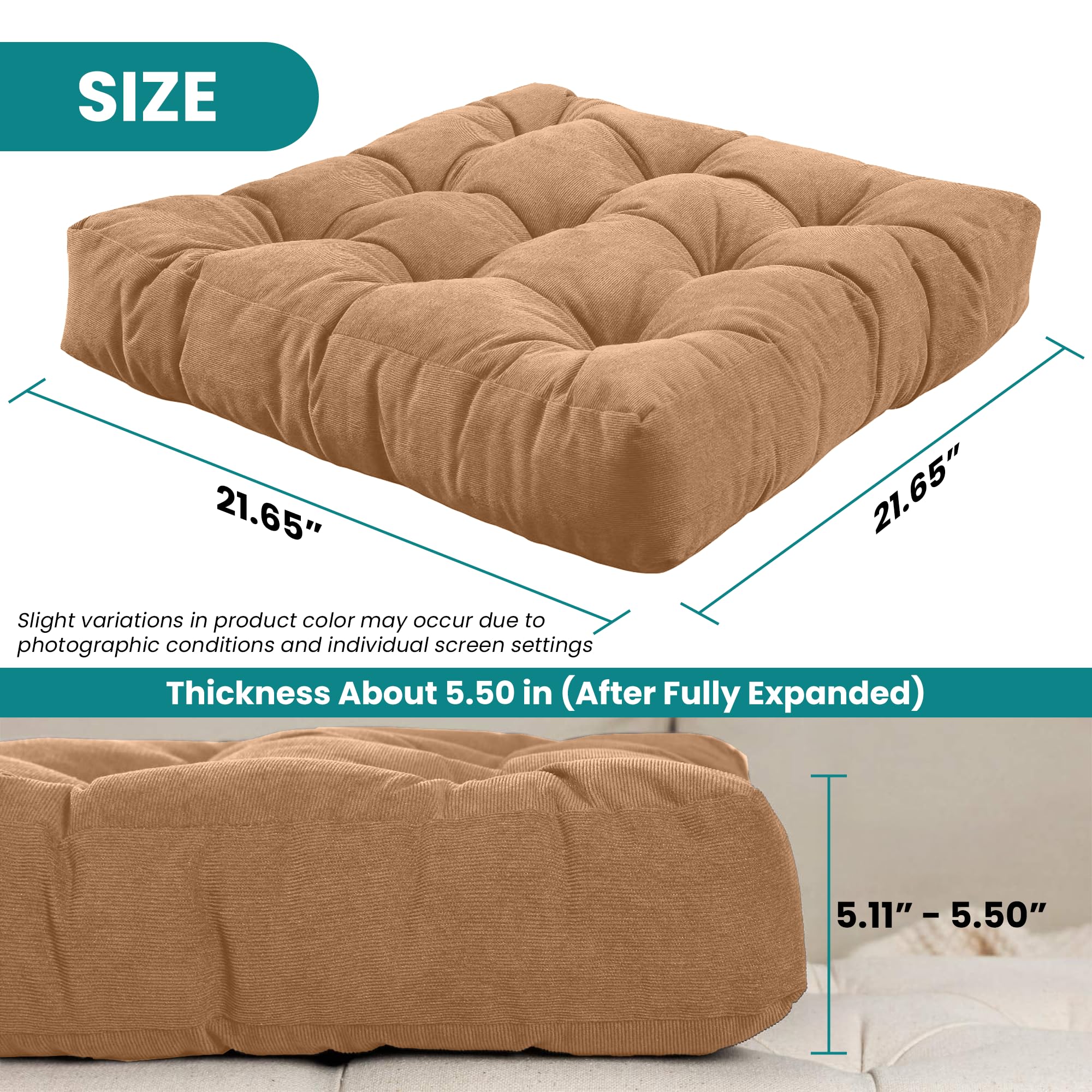 NEST & LOOM Floor Cushions - Large Square Tufted Floor Pillow, Meditation Cushion, Floor Chair Pillow for Seating & Lounging - Soft & Supportive, Brown - 21.65