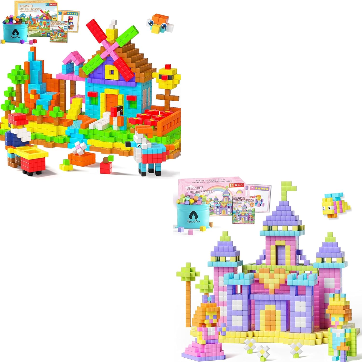 VigorFun 116 PCS Magnetic Blocks Set (Bright Color) & 65 PCS Magnetic Blocks Set (Macaron Color)