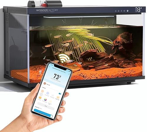 Wonderfactory Smart Aquarium 5 Gallon Glass Fish Tank, Self Cleaning System Efficiency Filter 7 Color LED Lights Automatic Feeder Temperature Display Monitor HD UHA Glass, Smart Control with Apps