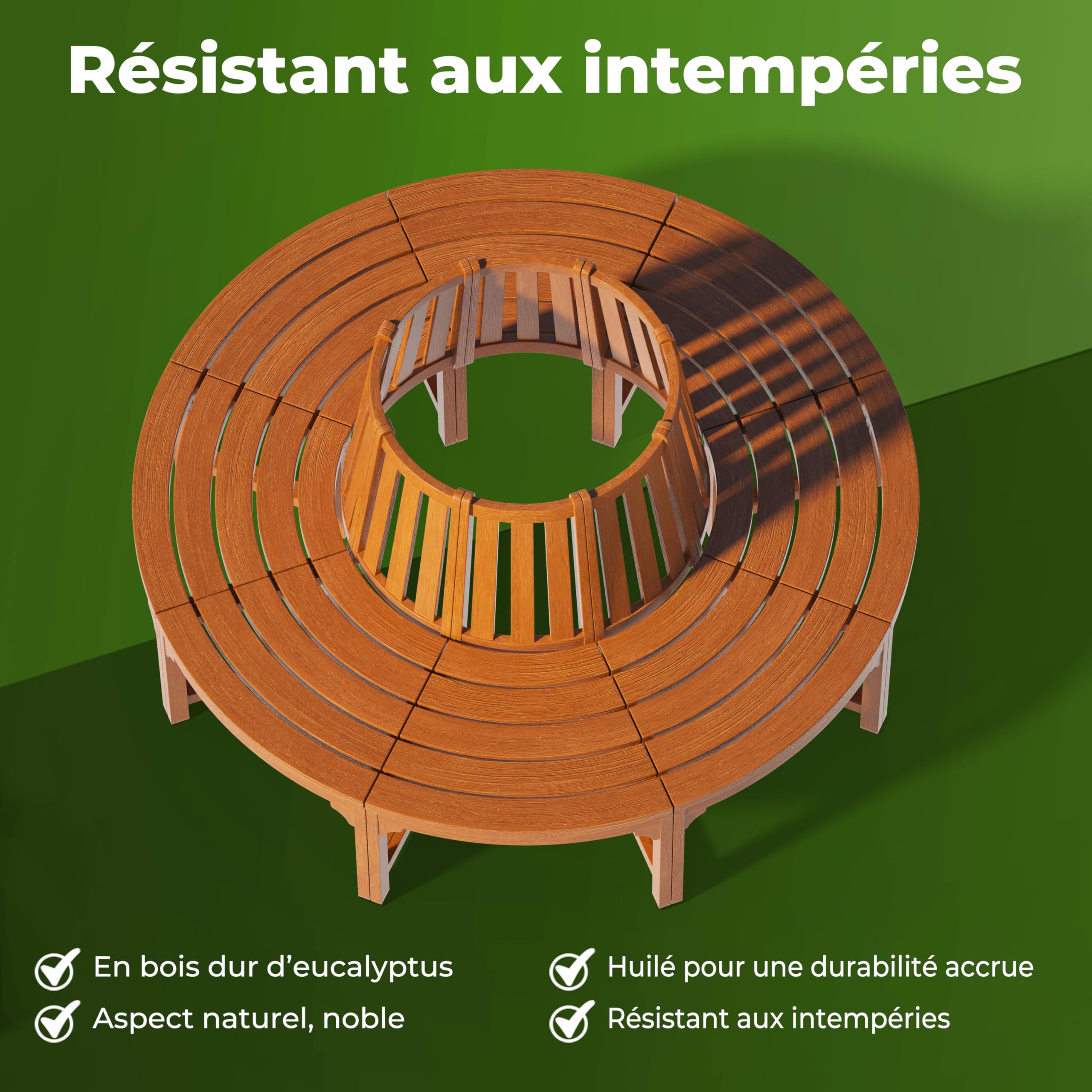 Banc de jardin tour d'arbre [Jardin] | Bois d'eucalyptus certifié FSC, diamètre de 190cm, résistant aux intempéries, design intemporel