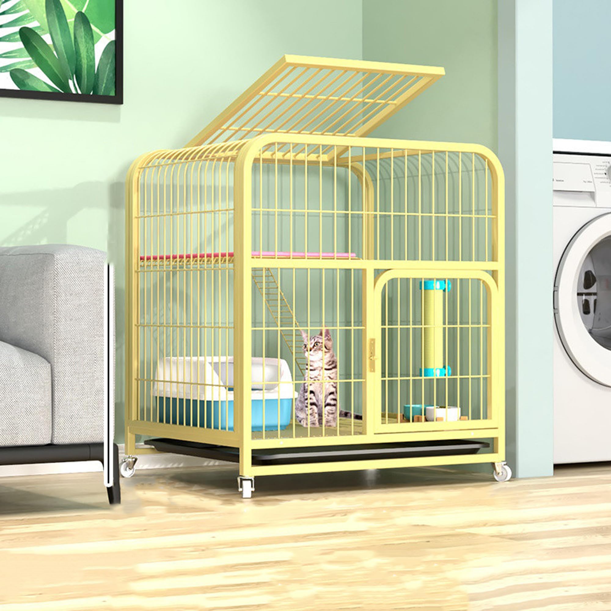 Gabbia per gatti con rotelle rotanti a 360°, recinto per gatti, casetta per gatti con vassoio rimovibile, rampa, scale, gabbia in metallo per piccoli animali, balcone, per interni ed esterni, facile