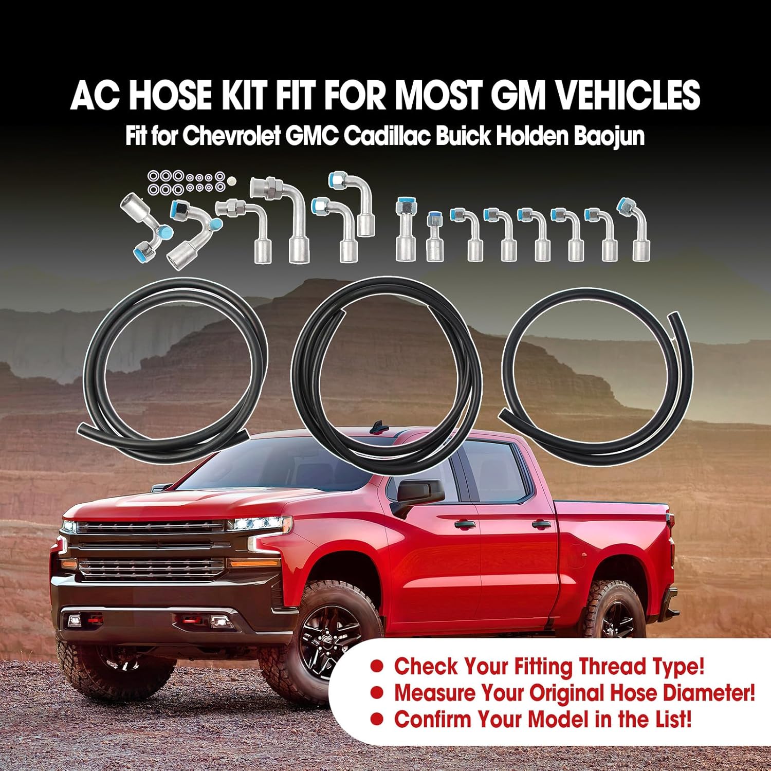 AC Hose Kit Fit for GM Cars Truck Vehicle, Air Conditioning Ext Length Hoses Compatible with Buick Chevrolet Cadillac GMC Wuling Air Conditioner Hose and Connector Set, with Fittings and O-rings
