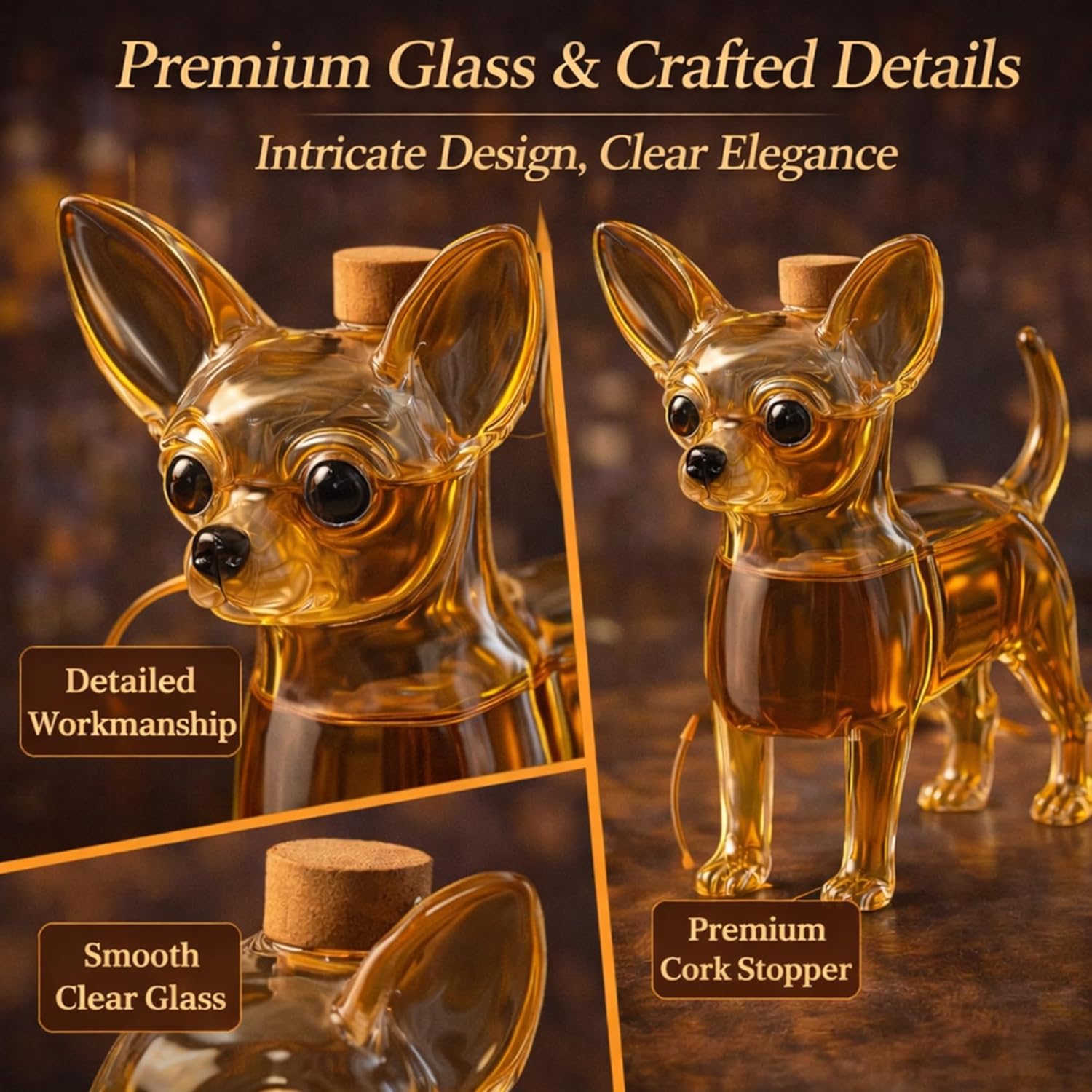 Chihuahua Whiskey Decanter, 300ml Novelty Handmade Glass Wine Bottle Funny Animal-Themed Barware, for Bar Home Office Decoration Animal Whiskey Glass Shaker, C-2