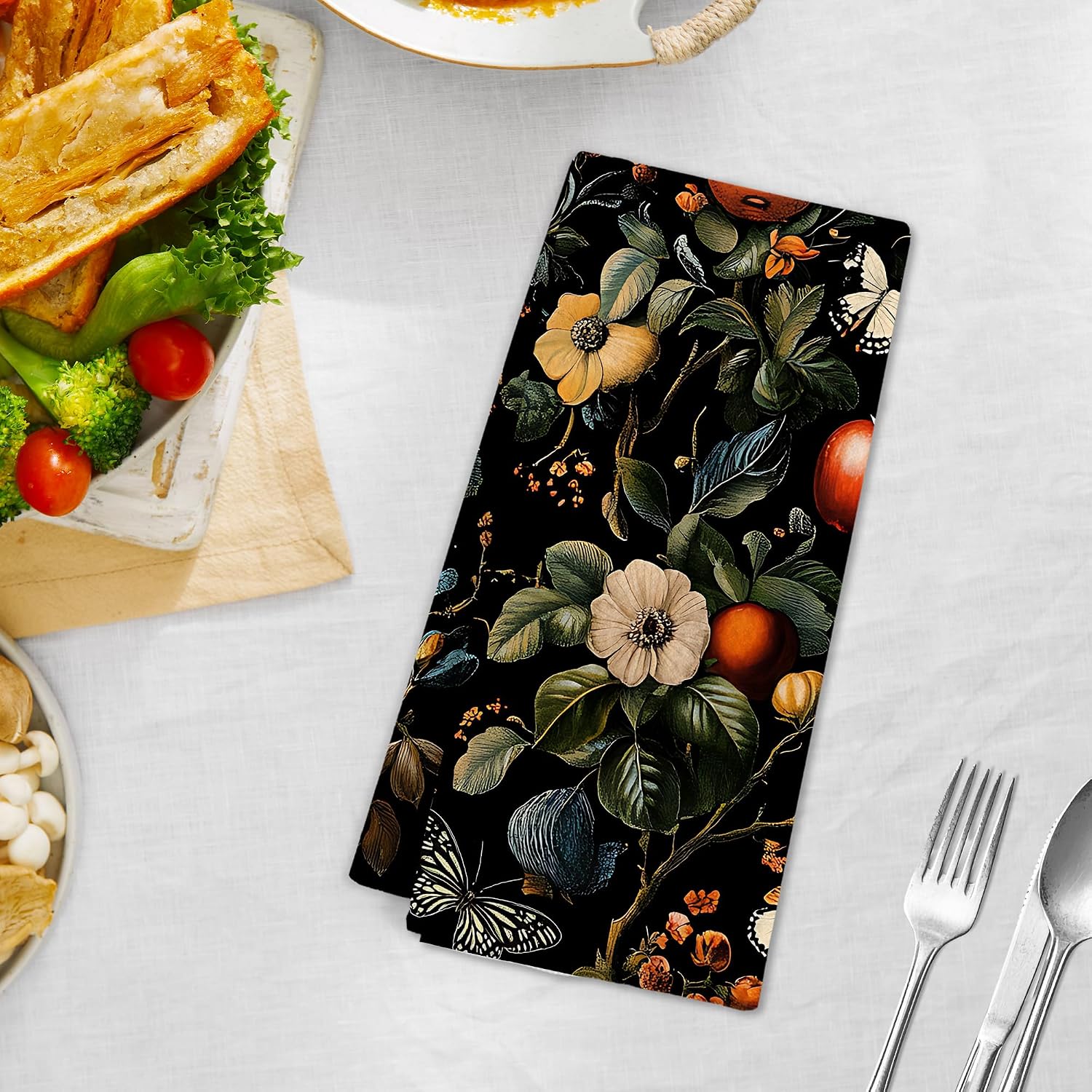 Dark Moody Floral Kitchen Towels, Vintage Academia Cottagecore Flower Hand Towels, Rustic Butterfly Fruit Botanical Hand Dish Tea Towel for Kitchen Bathroom Decor, Dark Floral Decor, 16x24 image 2