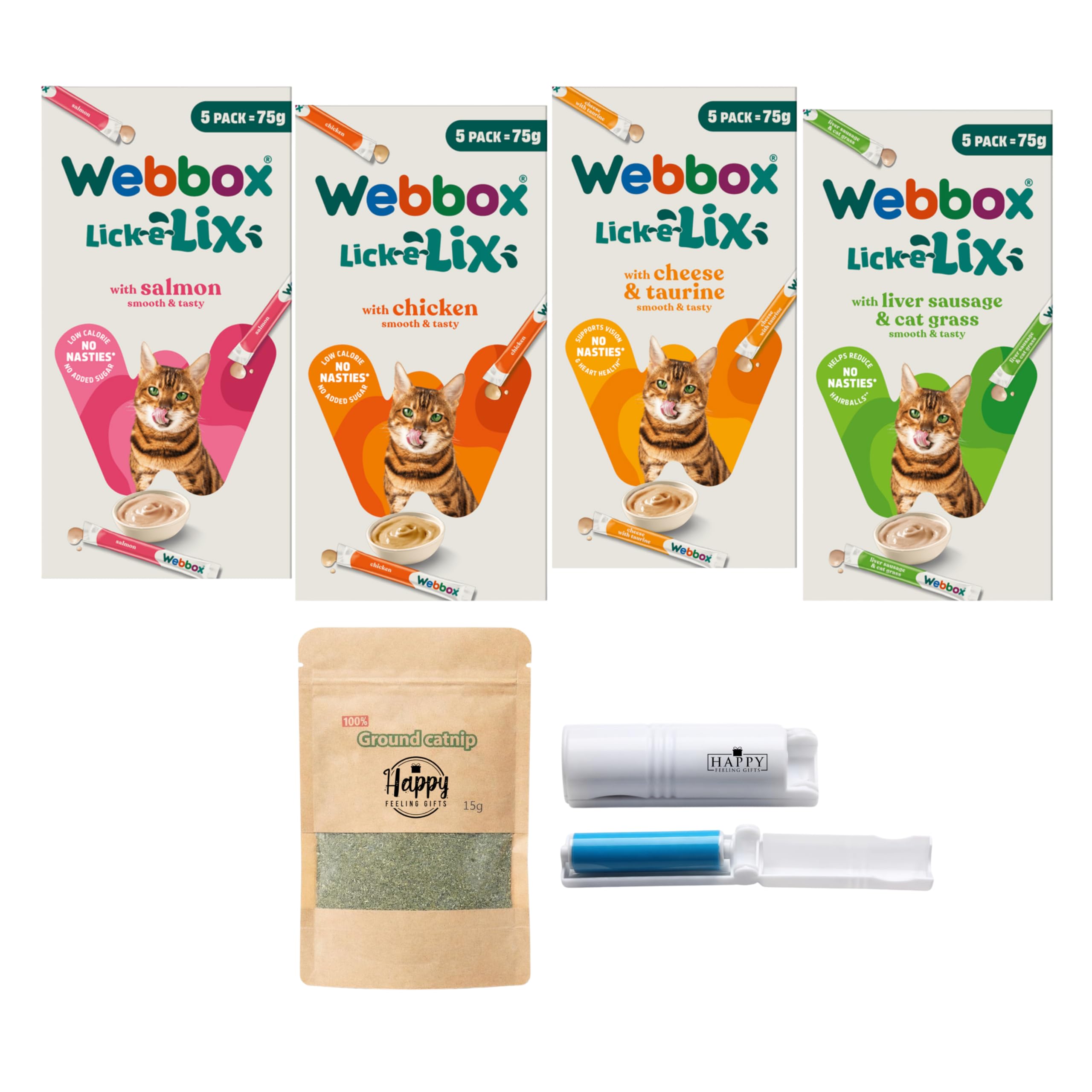 Happy Feeling Gifts Creamy Cat Treats Variety Pack - Created With 20 Webbox Cats Delight Lick-e-lix Treats for Kittens & Cats, Salmon, Chicken, Cheese & Liver Sausage Plus HFG Catnip & Lint Roller