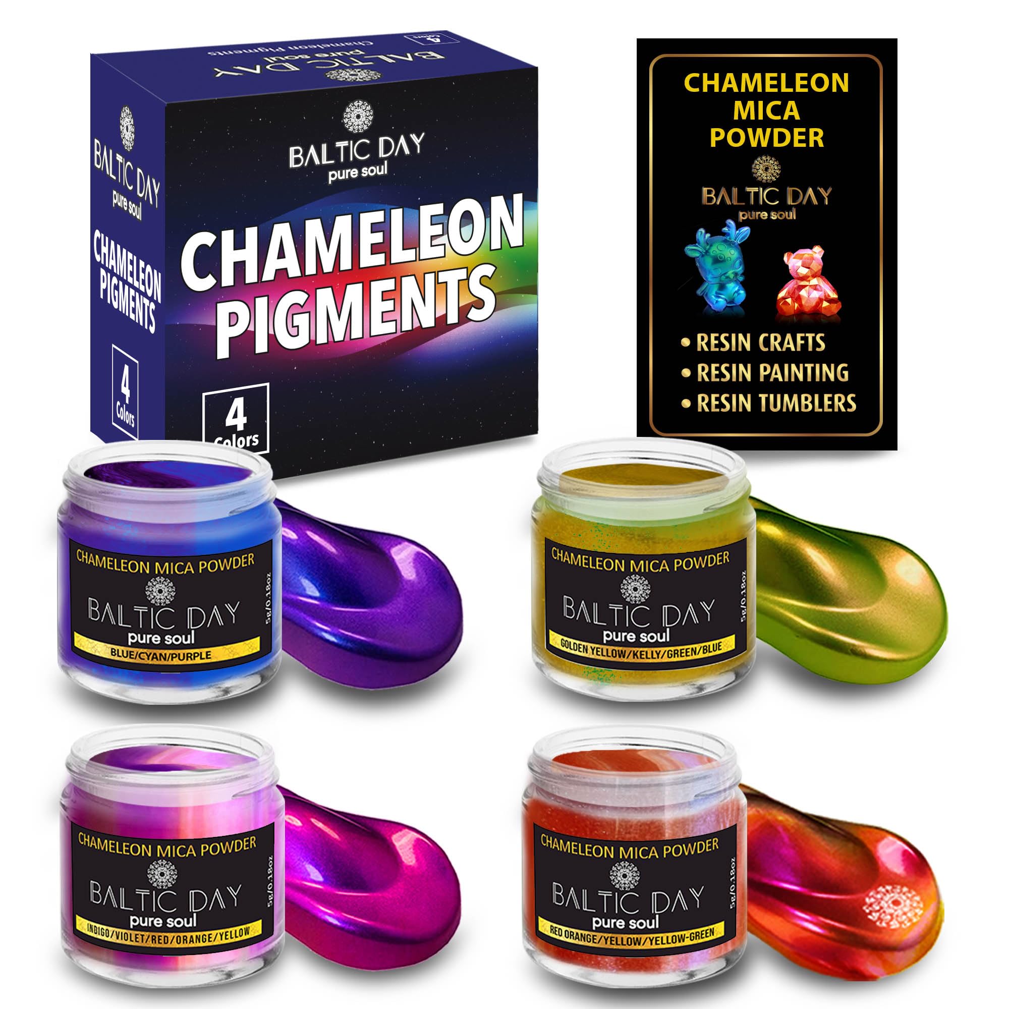 BALTIC DAY - Chameleon Mica Powder, 4 Jars of Color Shift Mica Powder Set - Epoxy Resin Color Pigment Powder - Chameleon Powder - Holographic Mica Powder