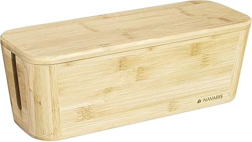 Navaris Caja de almacenamiento de cables de bambú para cables, cables, enchufes de extensión, cargadores, enchufes, TV, red y cables de enchufe de